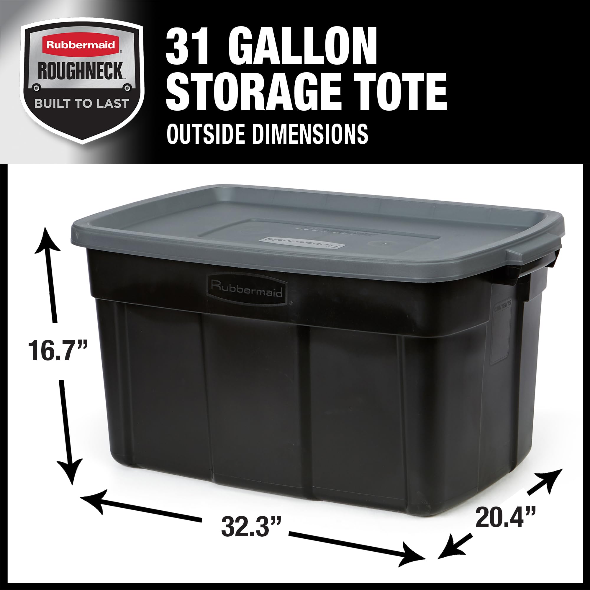 Rubbermaid Roughneck Tote 31 Gal, 3 Pack, Made In Usa, Black & Gray, Rugged Plastic Stackable Storage Bins With Lids And Handles