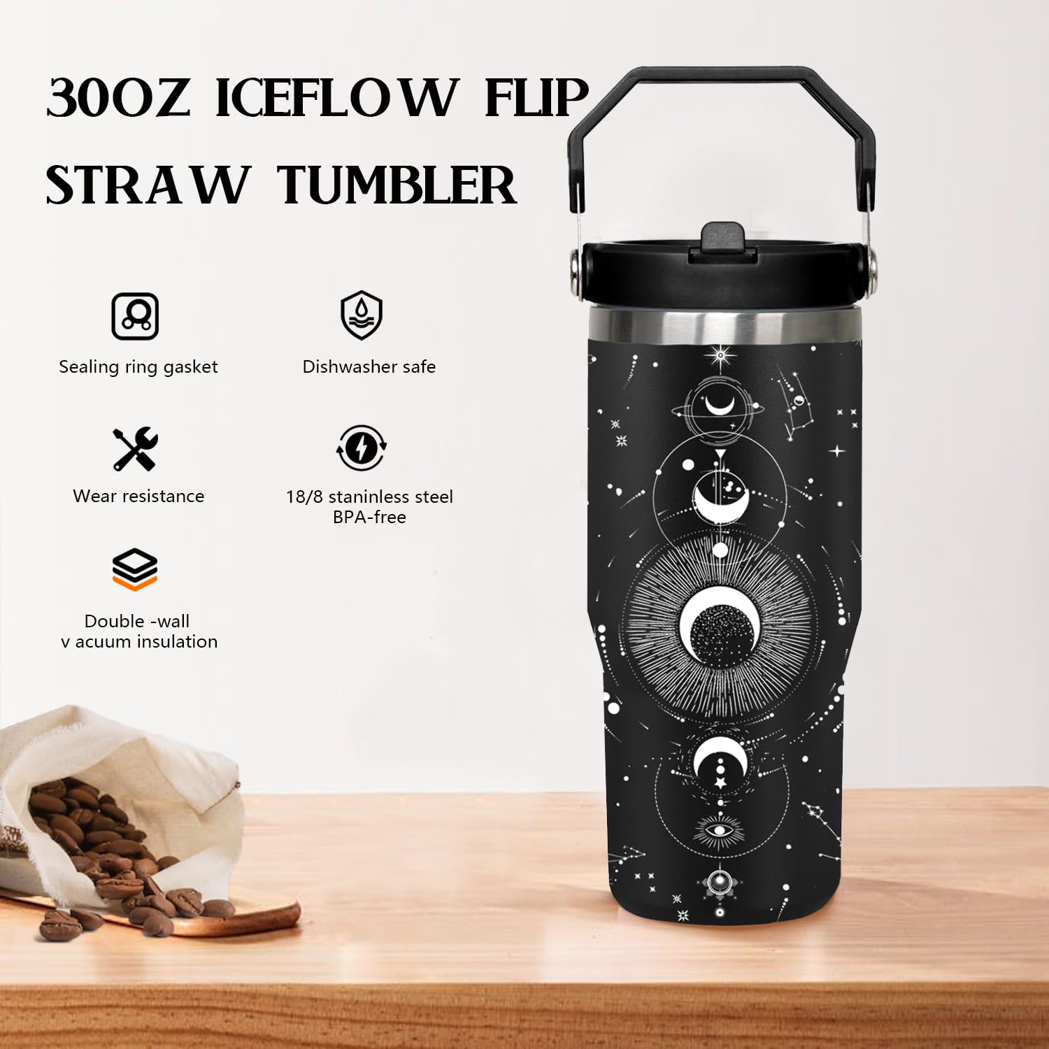 Qwpmvhsak 30 Goth Tumbler With Handle Lid And Straw,Sun And Moon Cup Gothic Witch Coffee Travel Mug Cup,Astrology Witchy Gifts F