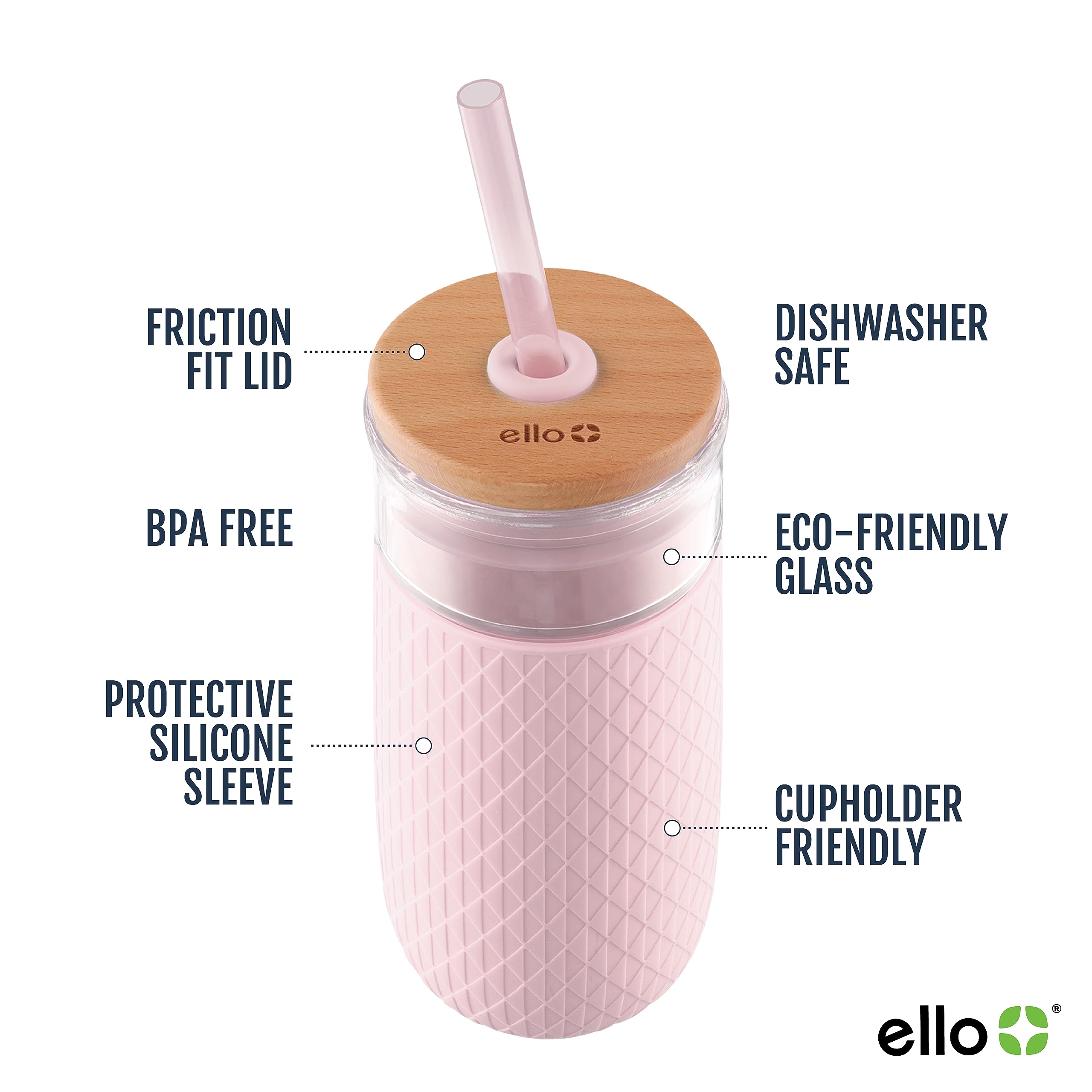 Ello Devon 18oz Glass Tumbler with Straw, Friction Fit Bamboo Wood Lid and Silicone Sleeve | Perfect for Iced Coffee, Tea, and S