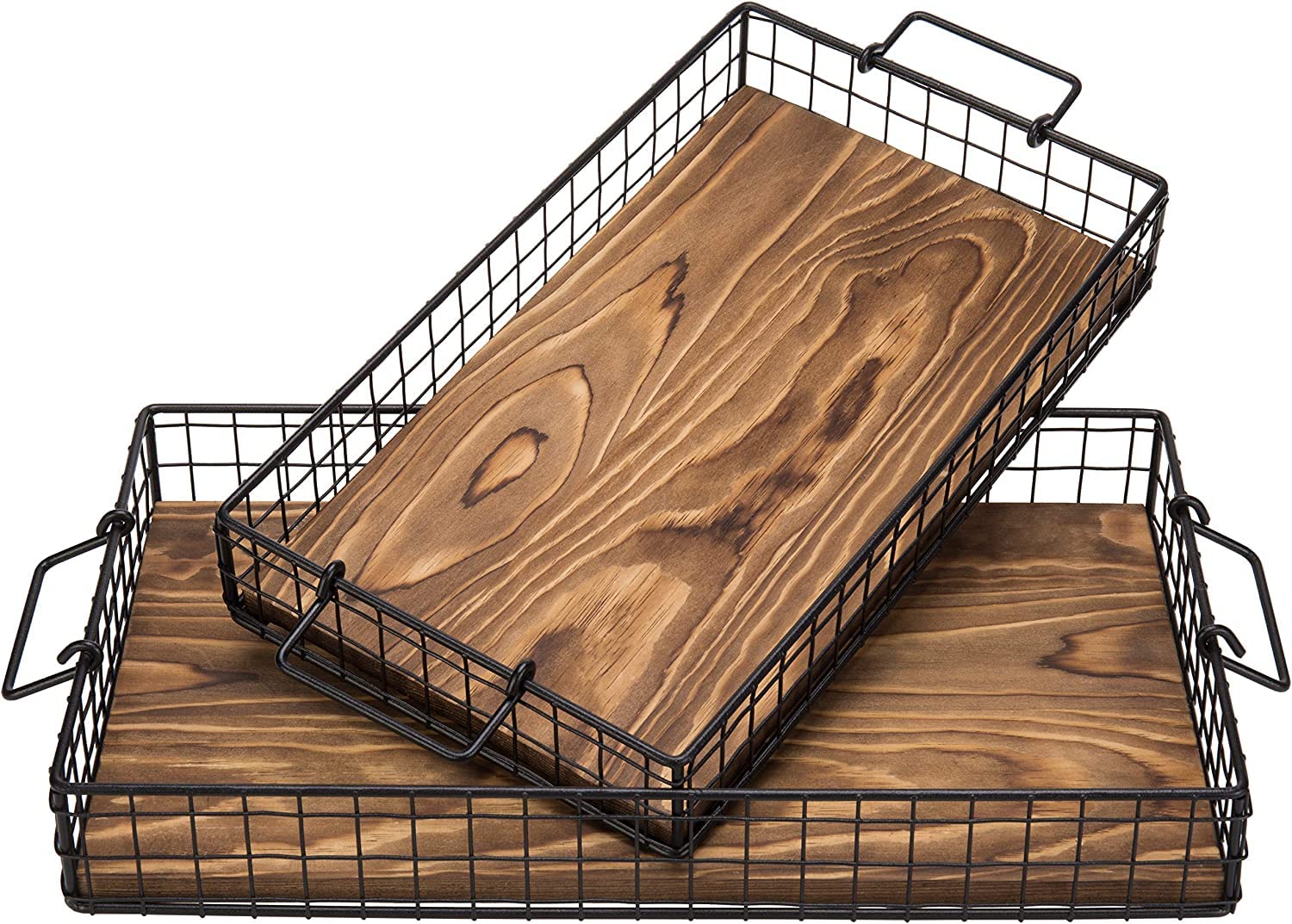 Indian Decor 44220 Black Metal Large Serving Tray, Wire Basket Style Nesting Ottoman Trays With Wood Base And Handles, Set Of 2