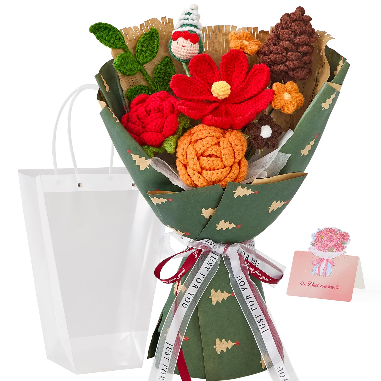 Alecono Crochet Flower Bouquet, Christmas Knitted Flowers, Green Completed Handmade Flower for Lover Anniversary Birthday Party 