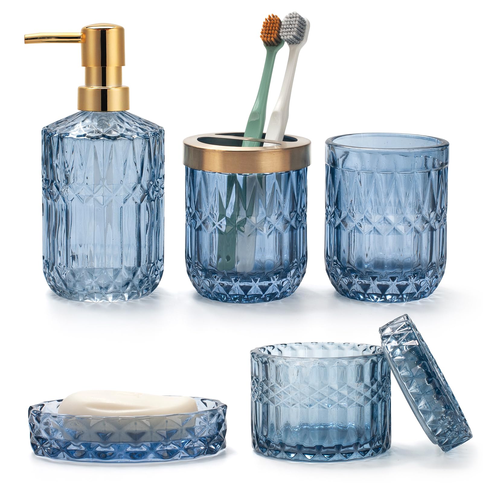 Ivailex 5Pcs Blue Glass Bathroom Accessories Sets Of Lotion Dispenser, Soap Dish, Toothbrush Holder, Tumbler, Cotton Swab Jars,