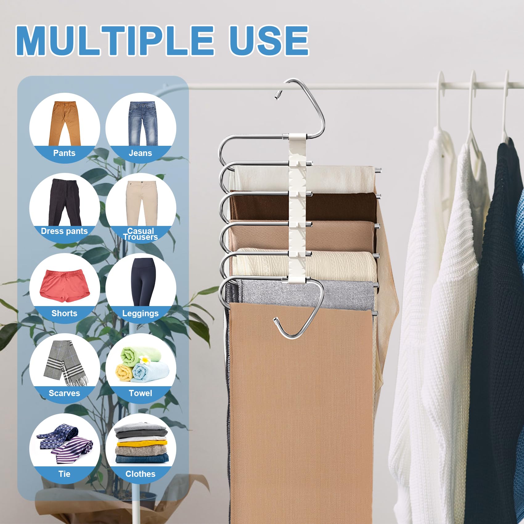 Upgrade 6 Layers Pants Hangers Space Saving, 2 Pack Non Slip Stainless Steel Multifunctional Pants Rack S-Type Pant Closet Hange