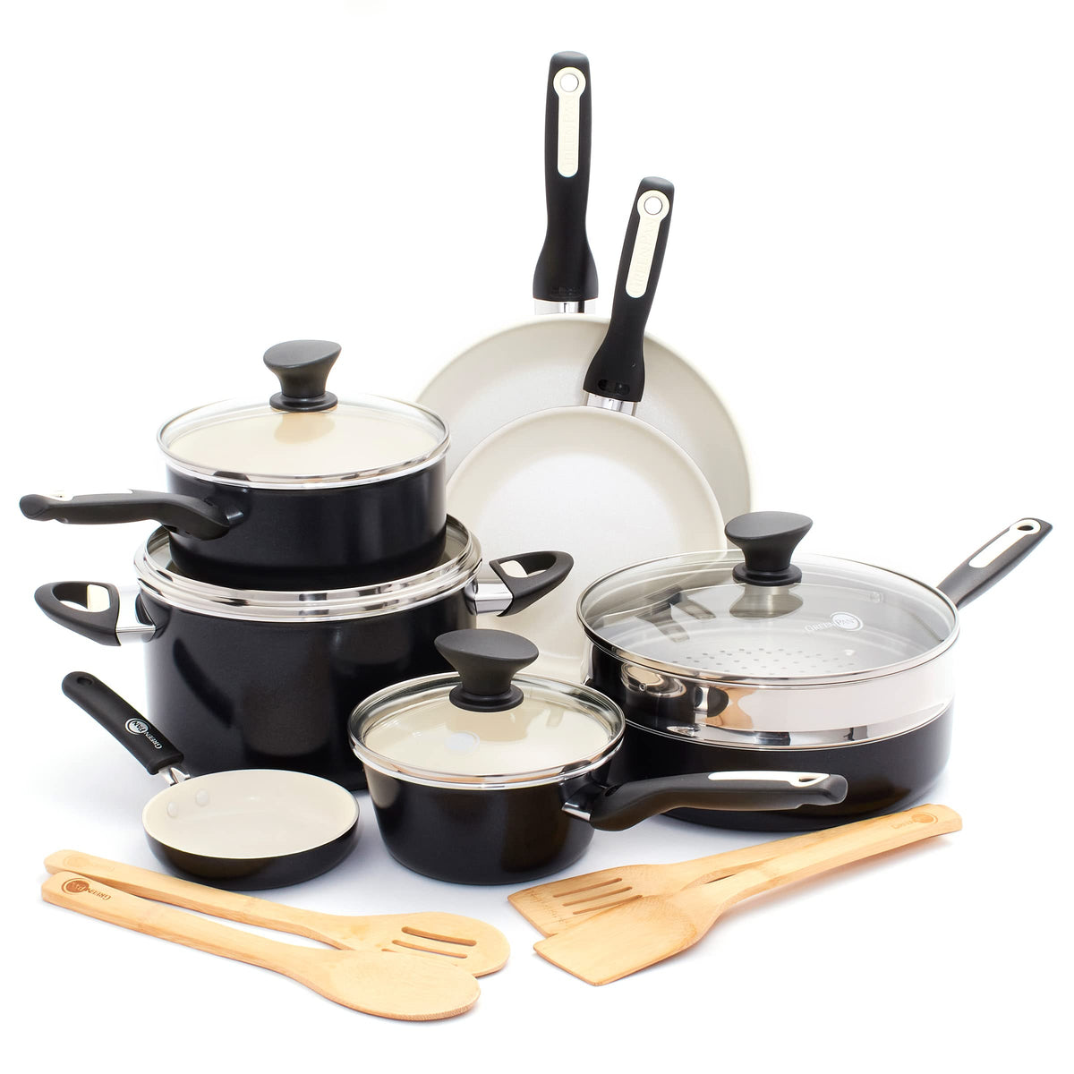 GreenPan Rio 16 Piece Cookware Pots and Pans Set, Hard Anodized Healthy Ceramic Nonstick PFAS-Free, Bakelite Handles, Frypans, S
