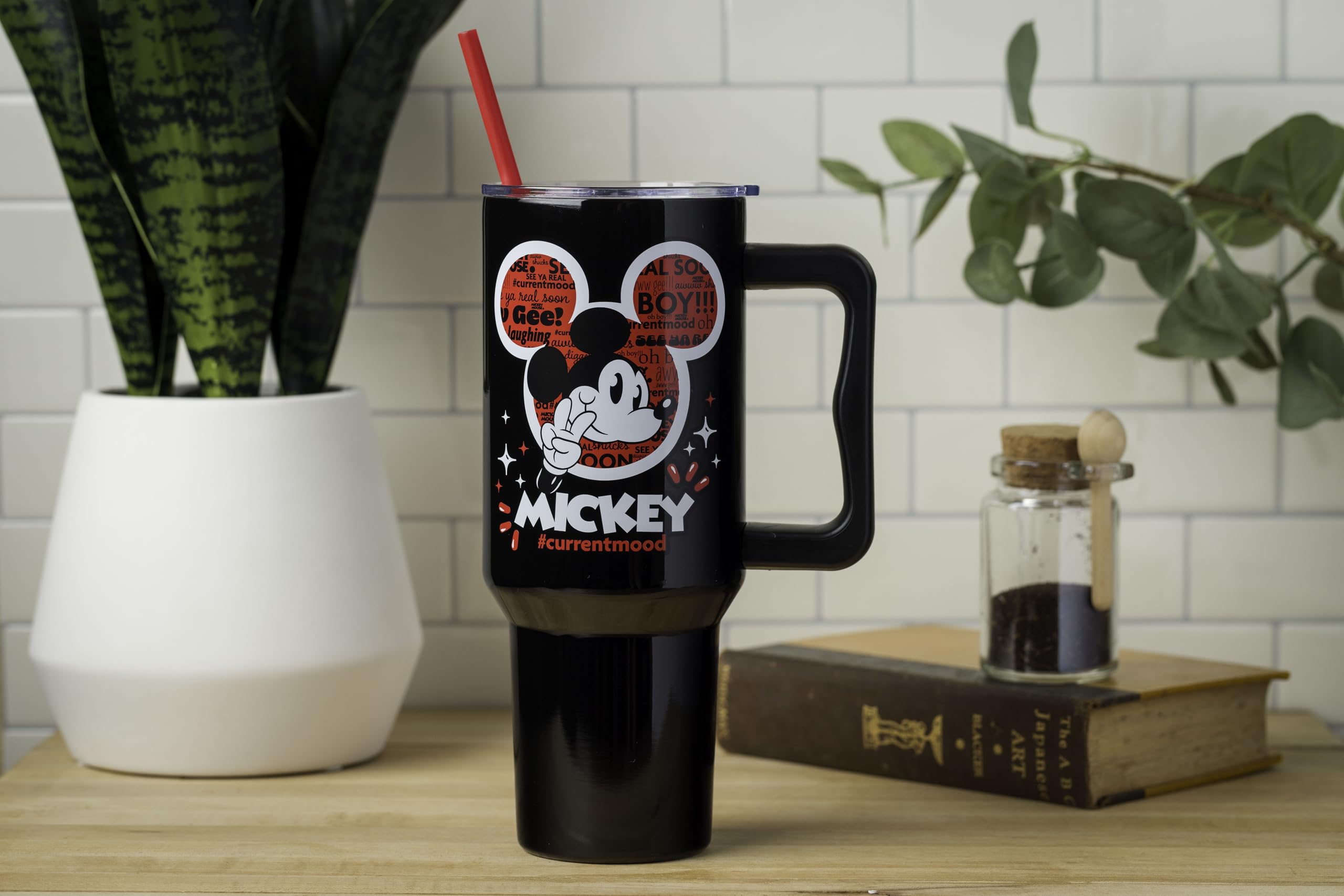 Silver Buffalo Disney Classic Mickey Mouse Hashtag Current Mood #Currentmood    Stainless Steel Tumbler With Handle And Straw, F