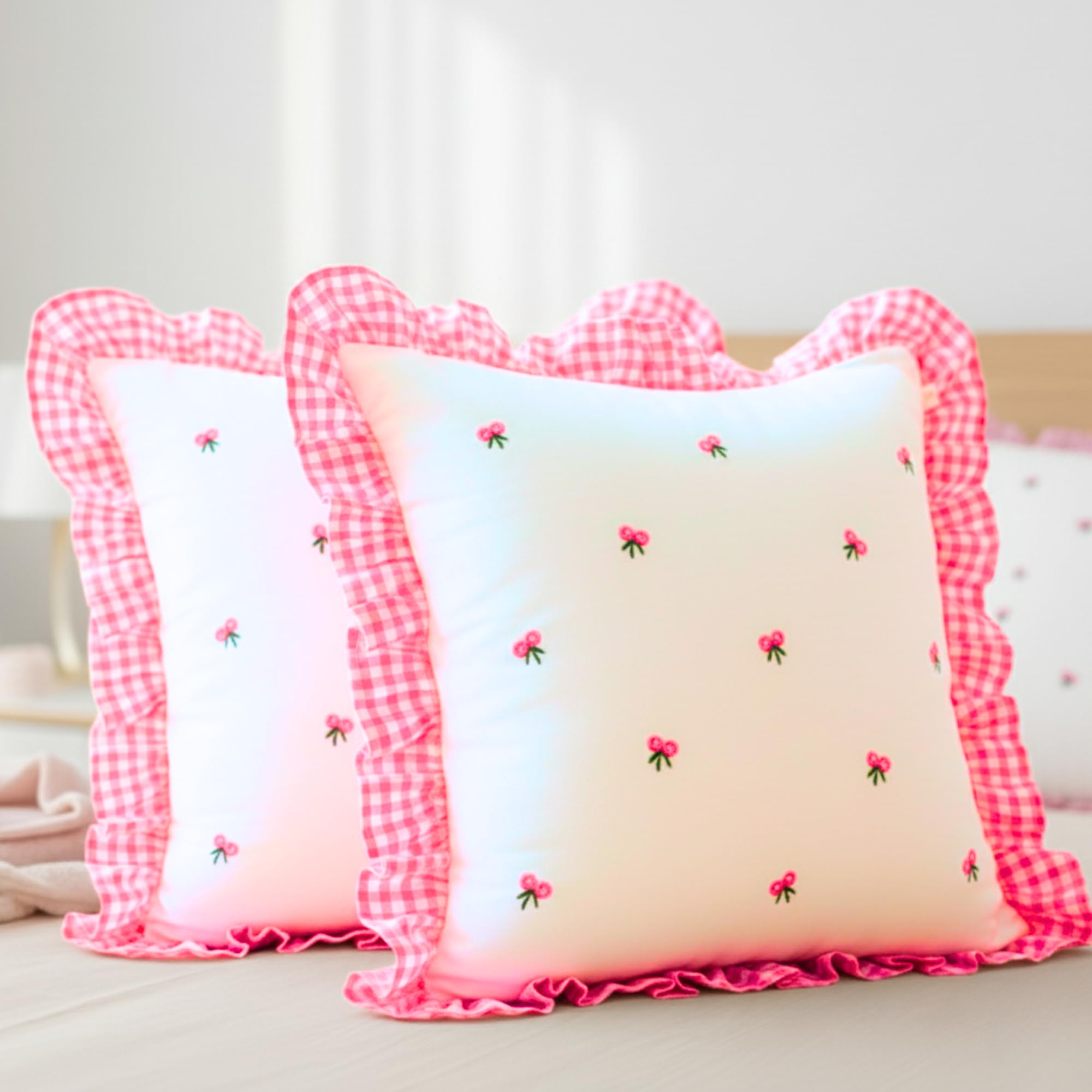 Sleepy Threads Cotton Cushion Cover Pink & White | Pack Of 2 | Square Floral Embroidered With Ruffle Frill Edging Throw For Sofa