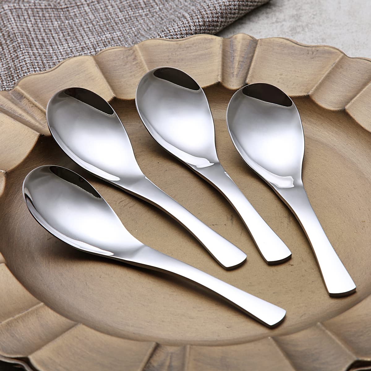 Kyraton Soup Spoons 4 Pieces, Stainless Steel Thick Heavy Weight Table Spoons, Asian Chinese Japanese Spoon Set For Cereal Ramen