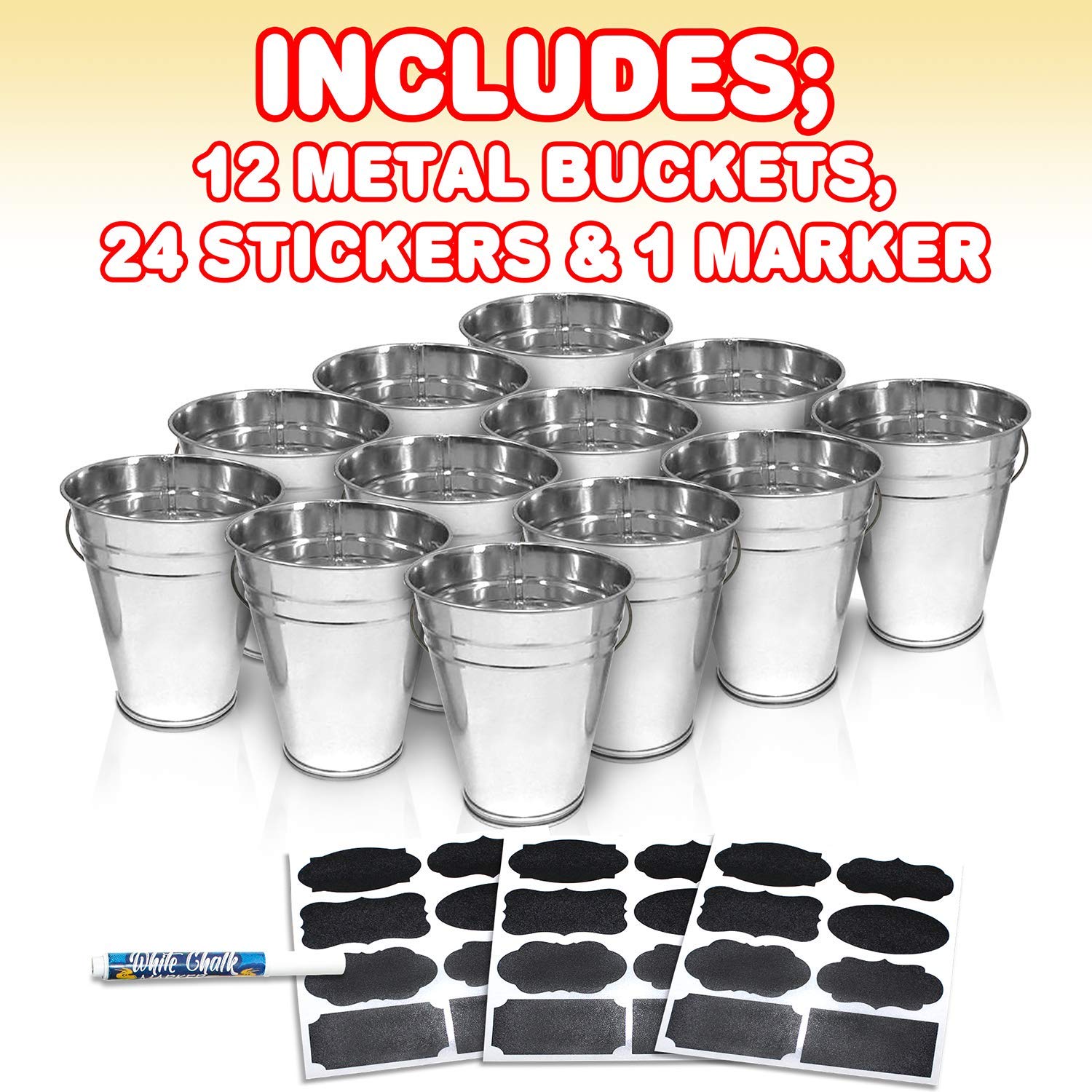 Artcreativity Large Galvanized Metal Buckets Set, Includes 12 Rustic Pails With Handles, 24 Chalkboard Labels And 1 Liquid Chalk
