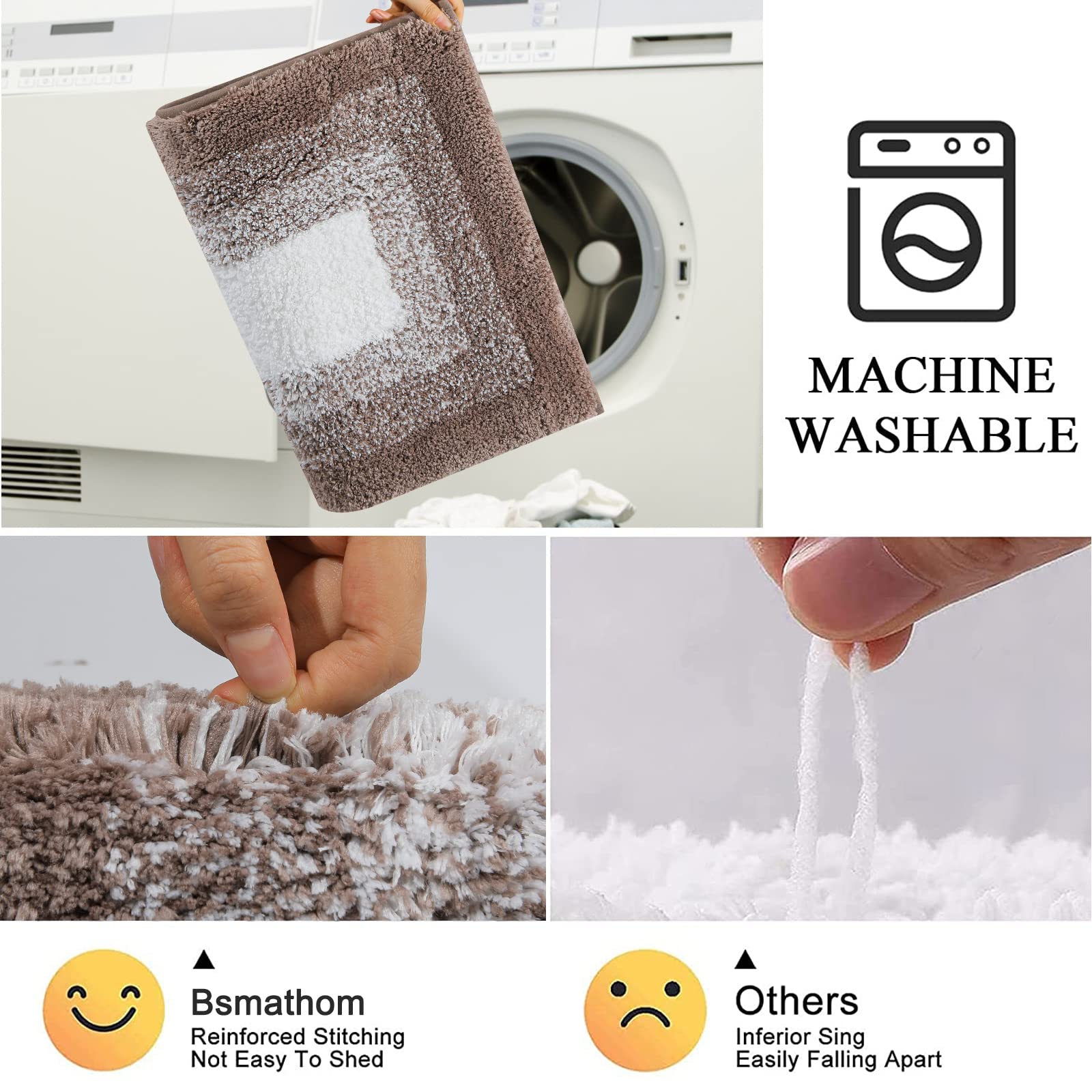 Bsmathom Bathroom Rugs Sets 3 Piece  Plush Shaggy Bathroom Rugs Non Slip Washable  Absorbent Microfiber Bath Mat with U-Shaped Contour Toilet Mat for Bathroom Floor  Tub and Shower  Coffee