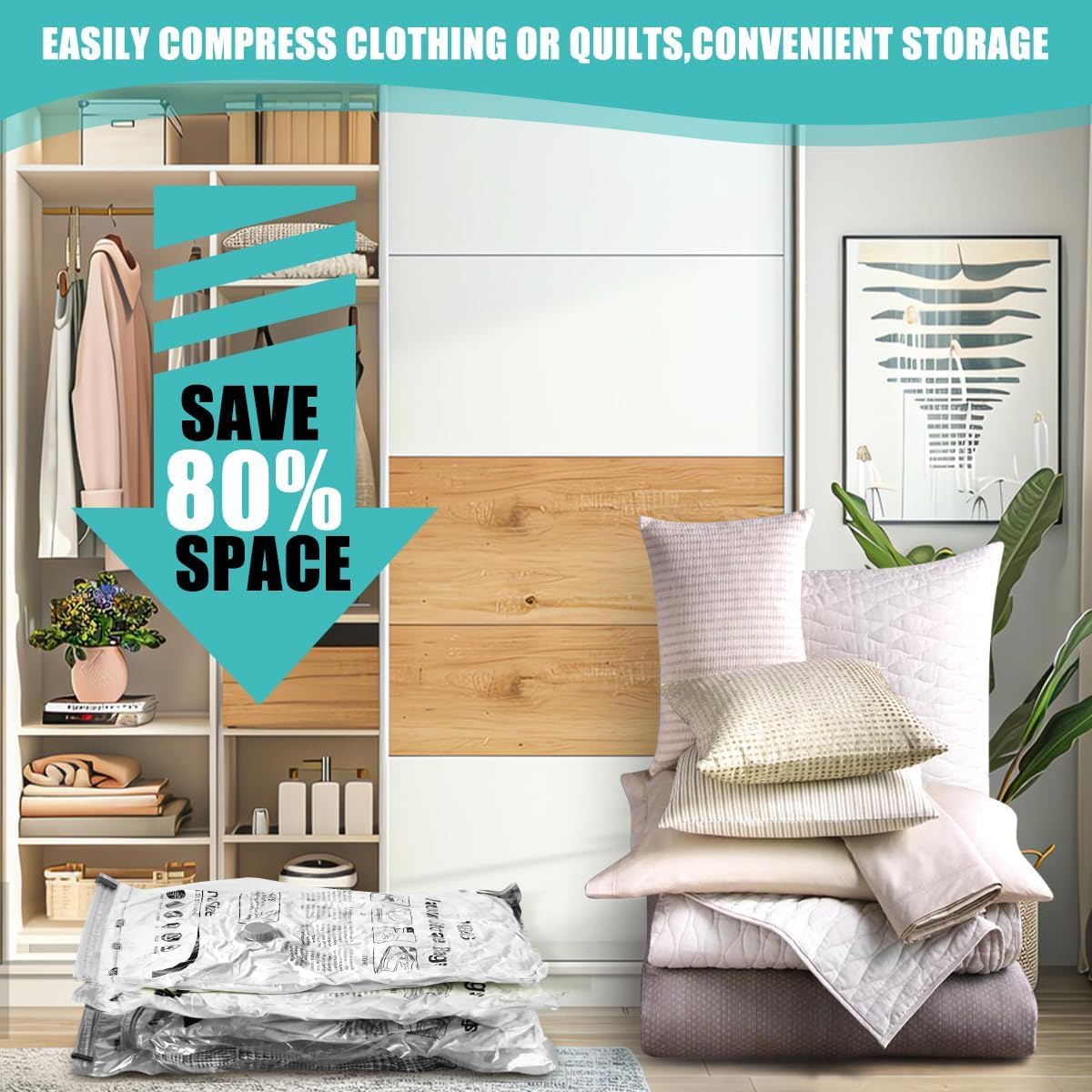 Vacuum Seal Bags For Clothing - Vacuum Storage Bags With Hand Pump, Space Saver Organisers For Travel Luggage Clothes Blankets C