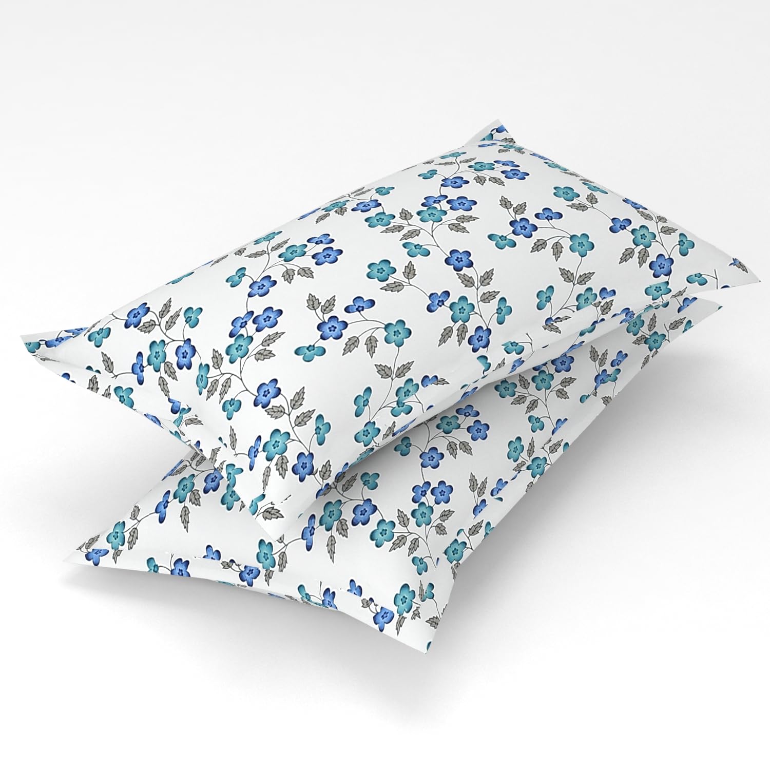 Homefab India 2 Piece Printed Glace Cotton Pillow Covers - White, Blue, Floral