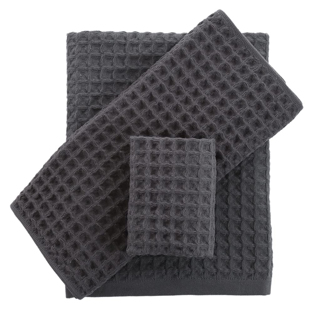 Yiluomo Grey Waffle Towels Sets 100% Cotton Highly Absorbent Quick Dry Towels For Bathroom (1 Bath Towels, 1 Hand Towels And 1 W