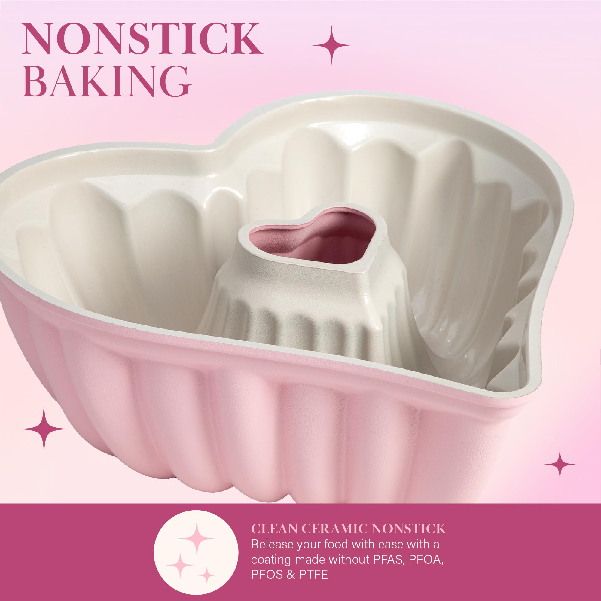 Paris Hilton Heart Shaped Fluted Cake Pan, Cast Aluminum With Clean Ceramic Nonstick Bakeware, Dishwasher Safe, Made Without Pfa
