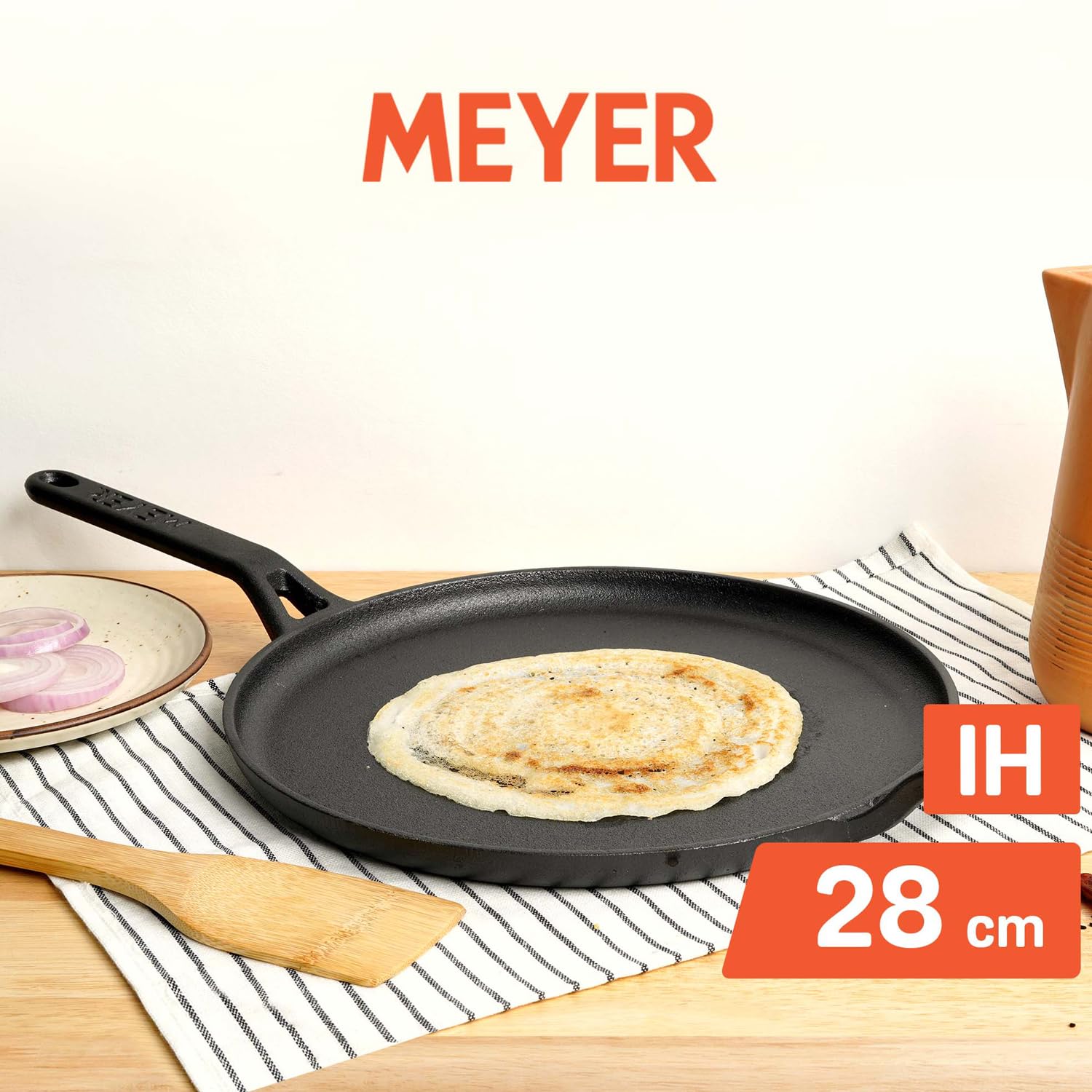 Meyer Pre-Seasoned Cast Iron Flat Dosa/ Roti/ Chapati Tawa Pan with Stick Handle, Dosa Kallu, Iron Tawa Big Size | Pre-Seasoned