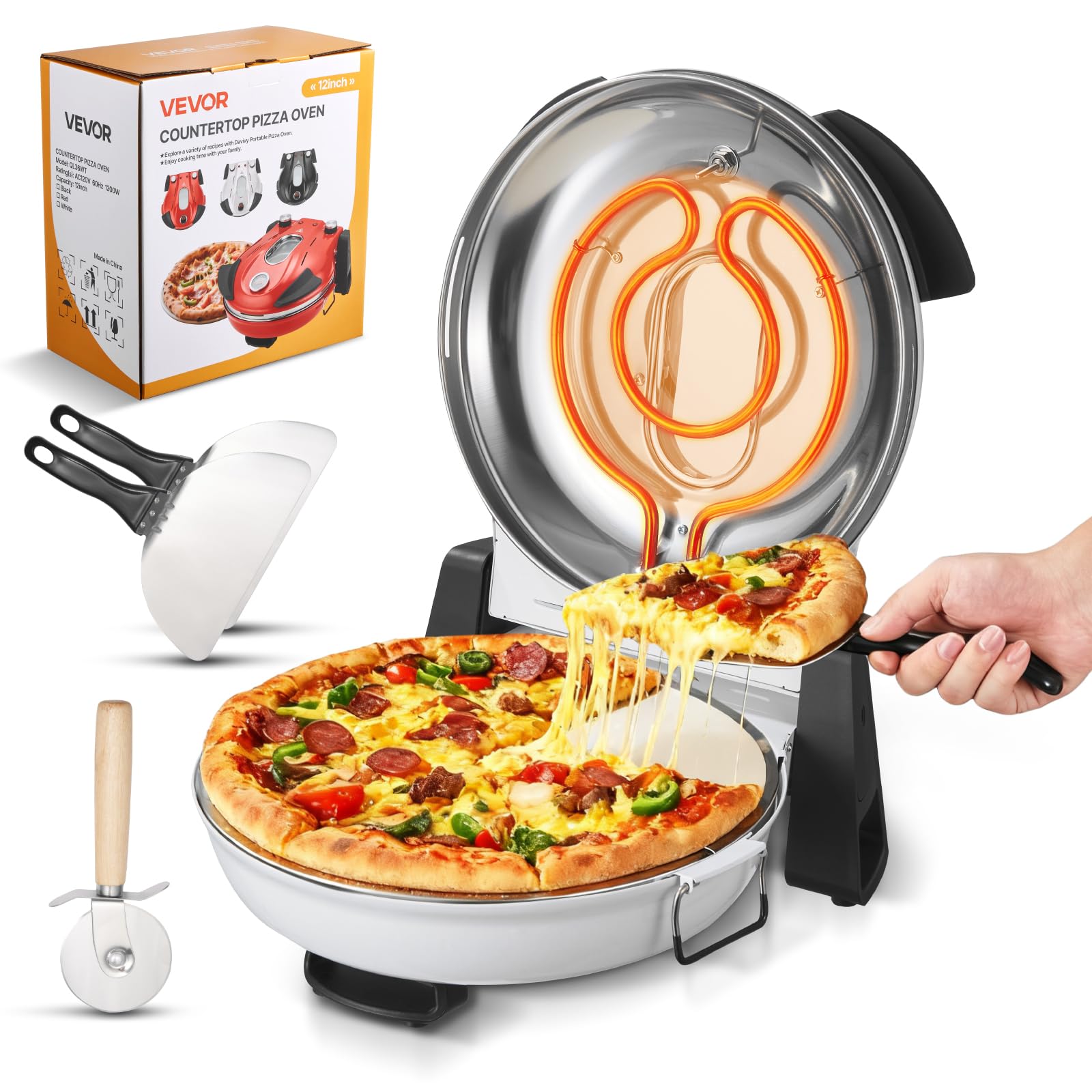 VEVOR Pizza Oven Indoor, 12 in Electric Pizza Maker, 1200W Home Pizzas Cooker with Dual Temp Controls, 5 Heat Level, Max 788 F C