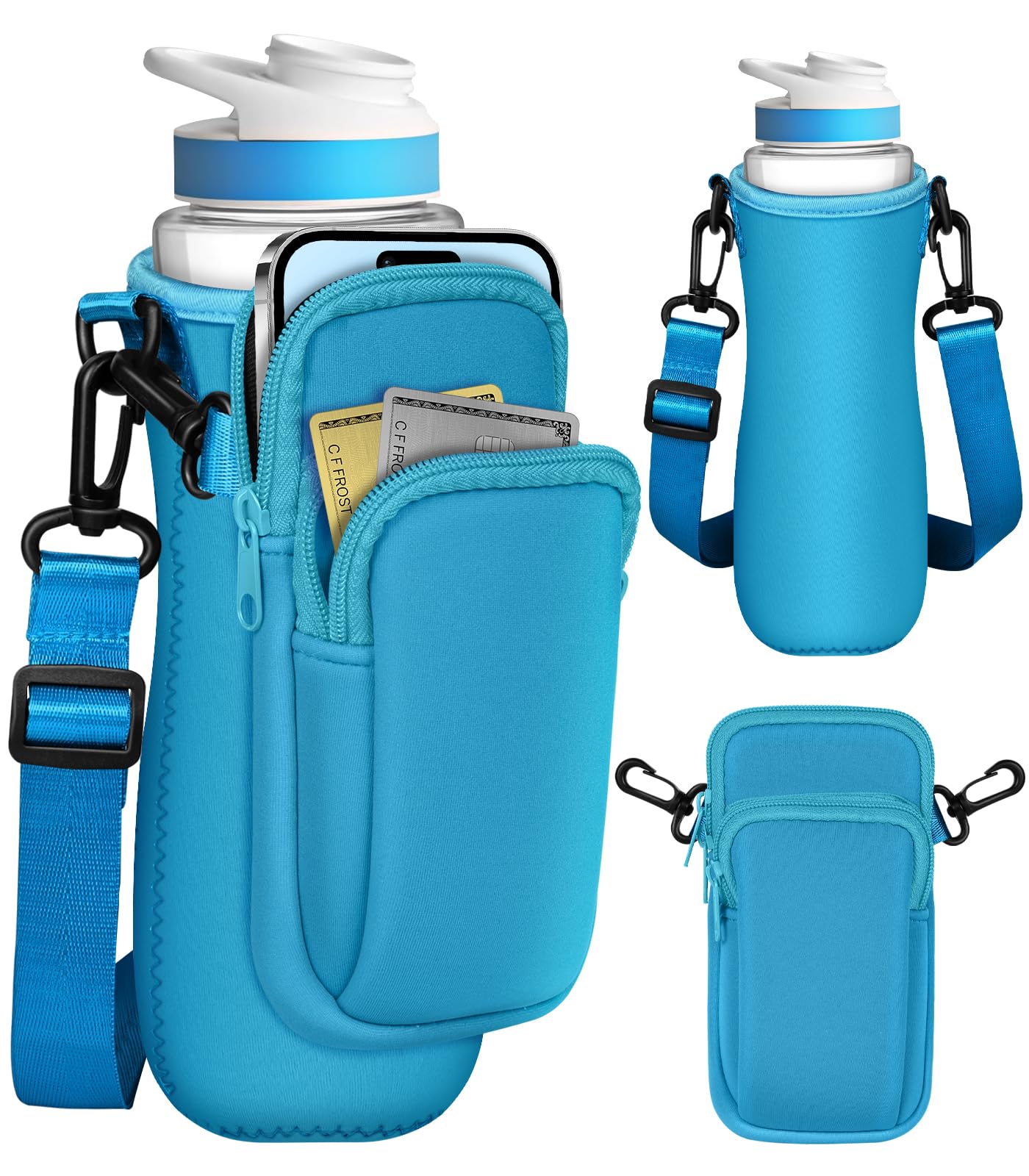 Toykee Water Bottle Sleeve with Pouch for Cirkul 22 oz  Blue Crossbody Shoulder Strap Detachable Phone Purse with Bottles Cover