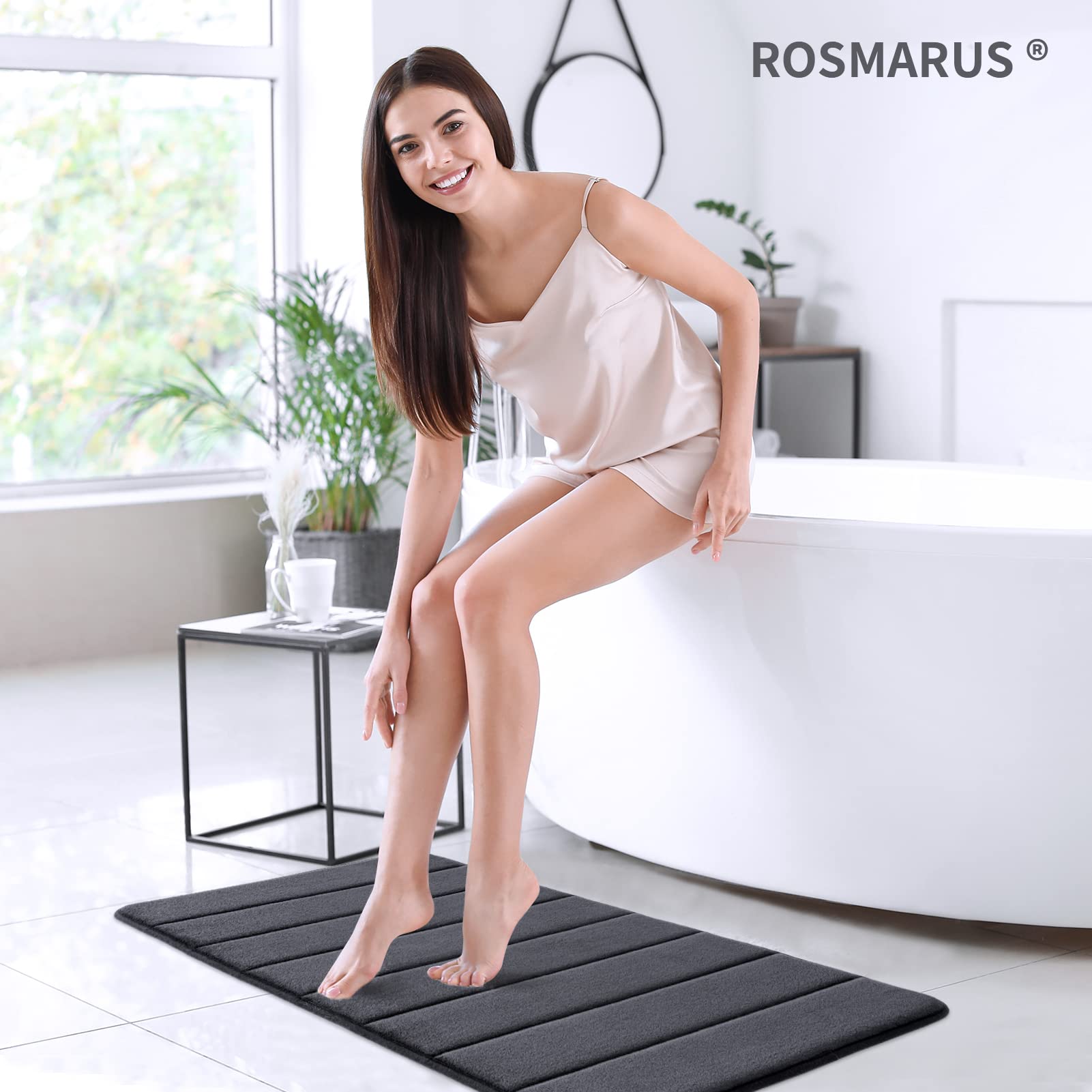 ROSMARUS Memory Foam Bath Mat 20? x 32?  Water Absorbent Shower Mat  Thick Bath Rugs for Bathroom Non Slip with PVC Backing  Ultra Soft Bathroom Rugs for Bathroom Floor & Tub  Charcoal Gray