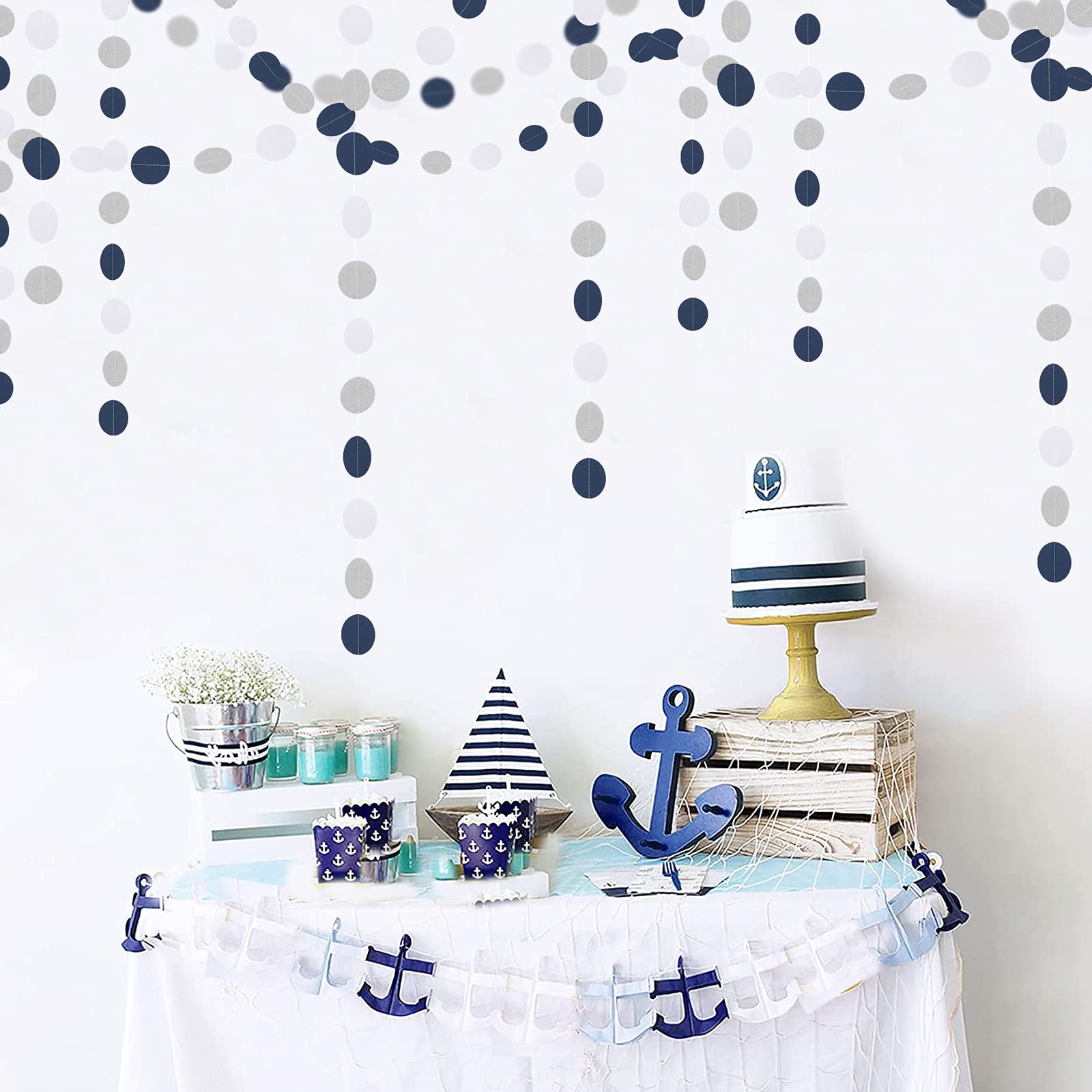 Navy Blue White Silver Paper Garland,52Ft Gender Reveal Hanging Decoration Streamer Banner,Graduation Engagement Christmas Weddi
