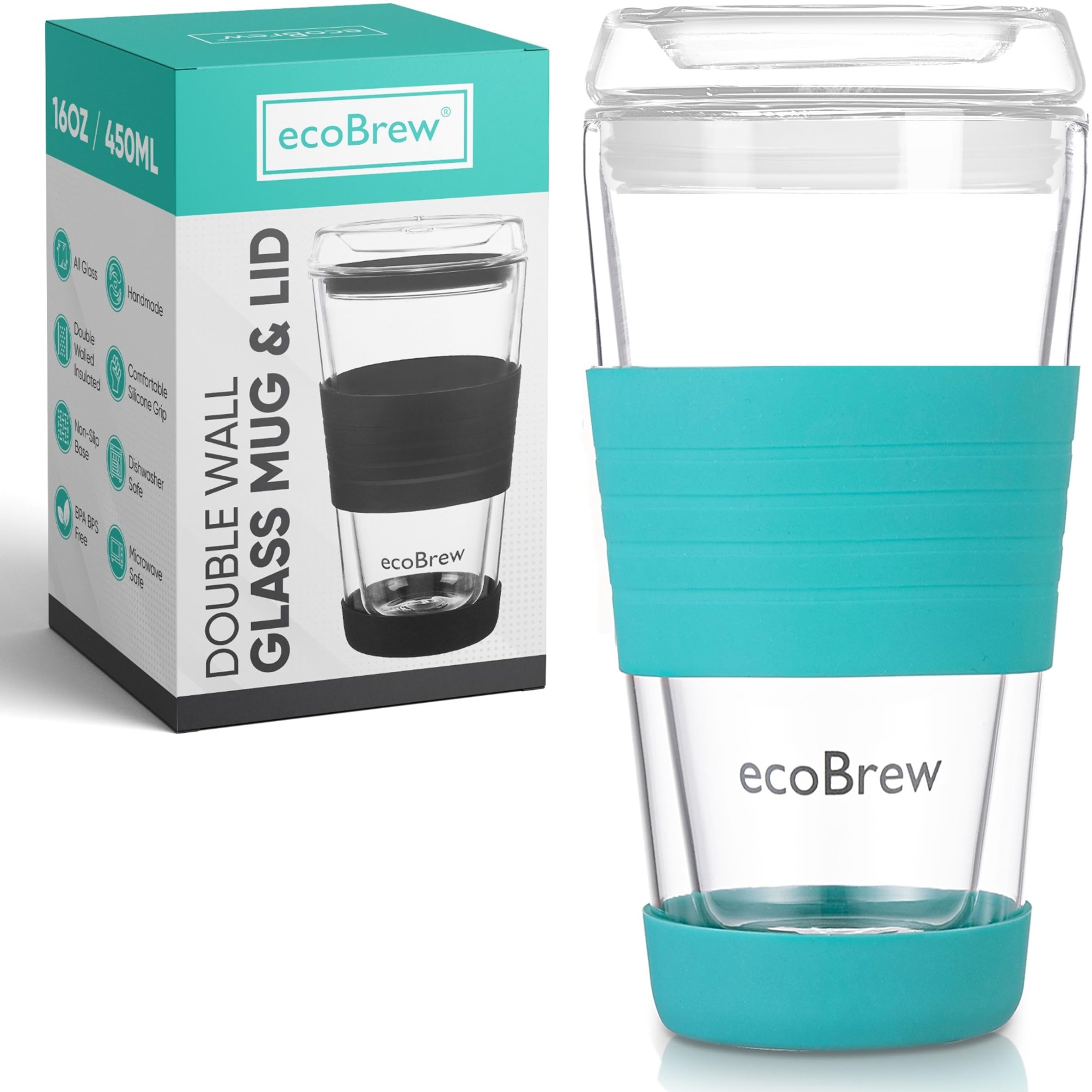 ecoBrew Double Wall Glass Tumbler with Lid, Glass Travel Mug, Dishwasher Safe & Microwavable Clear Coffee Tumbler To Go, Reusabl