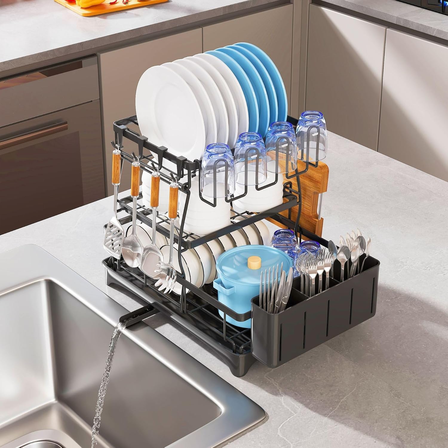 Cloyster 3 Layer Dish Drying Stand With Water Collection Tray, Metal Dish Rack For Kitchen Counter, Plate Holder, Cup Rack And S