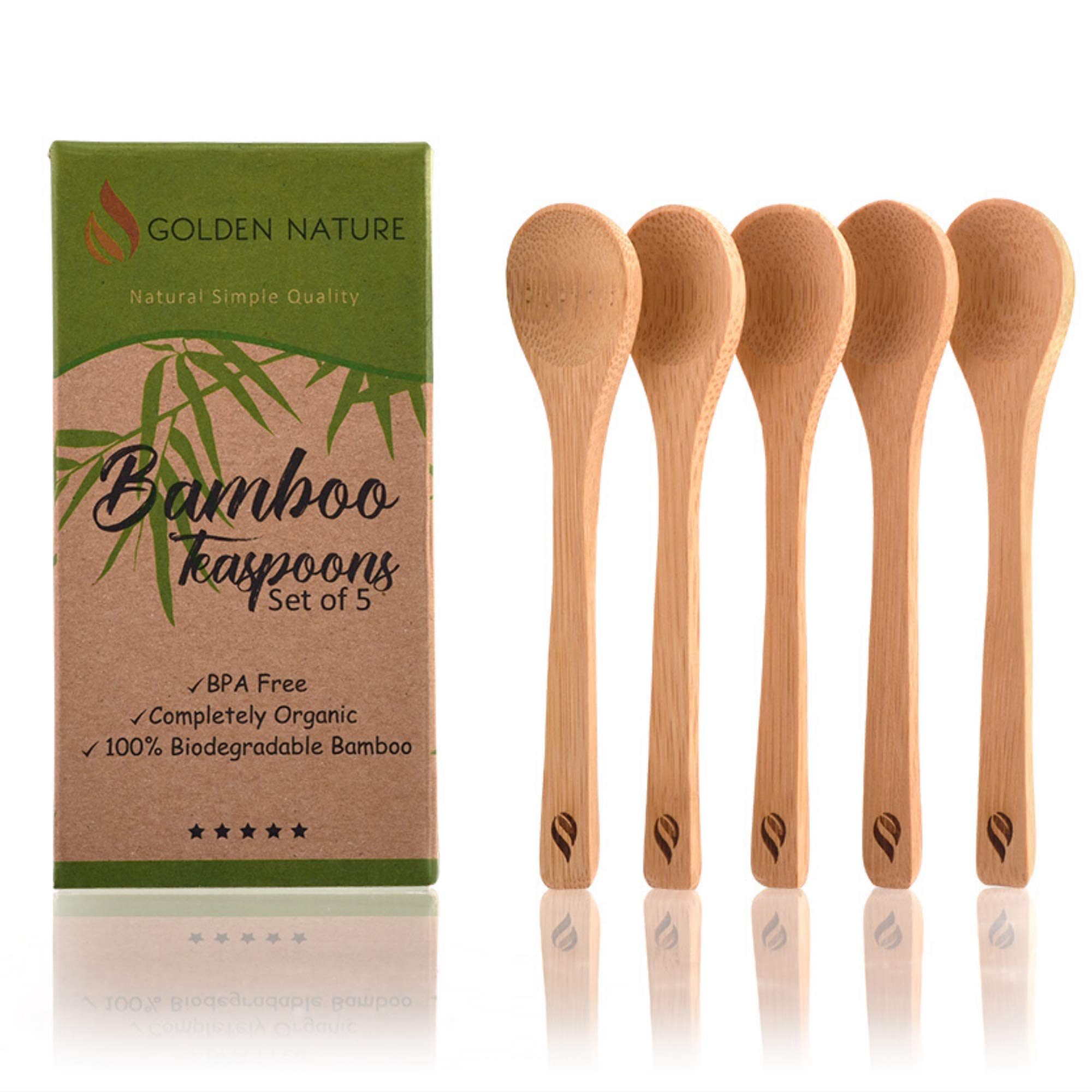 Golden Nature Bamboo Spoon Set (5 Pc), Small Kitchen Teaspoons, Tiny Wooden Spoons Perfect For Sugar, Spices, Seasoning, Coffee,