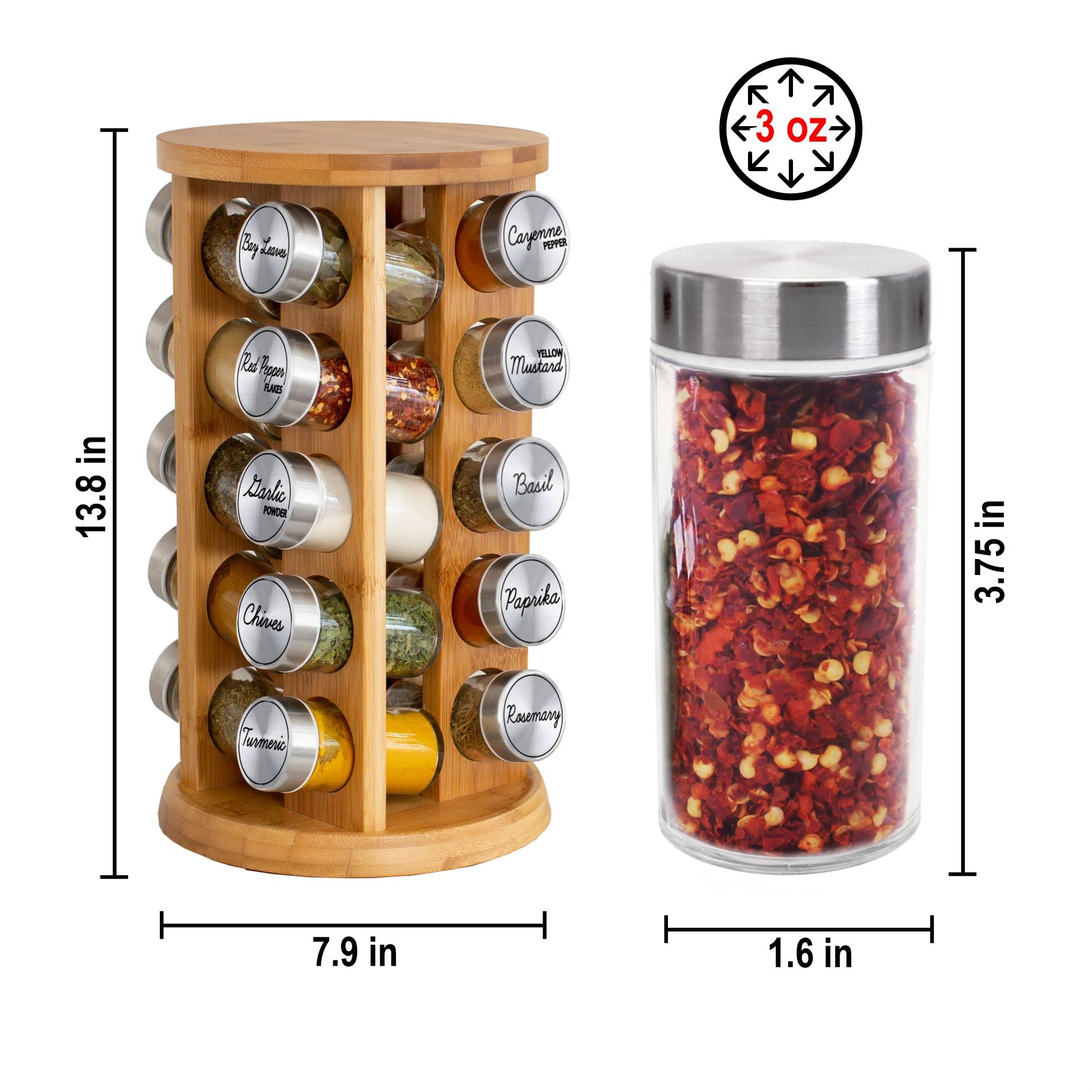 Orii 20 Jar Bamboo Spice Rack with Spices Included - Rotating Tower Organizer for Kitchen Spices and Seasonings, Free Spice Refi