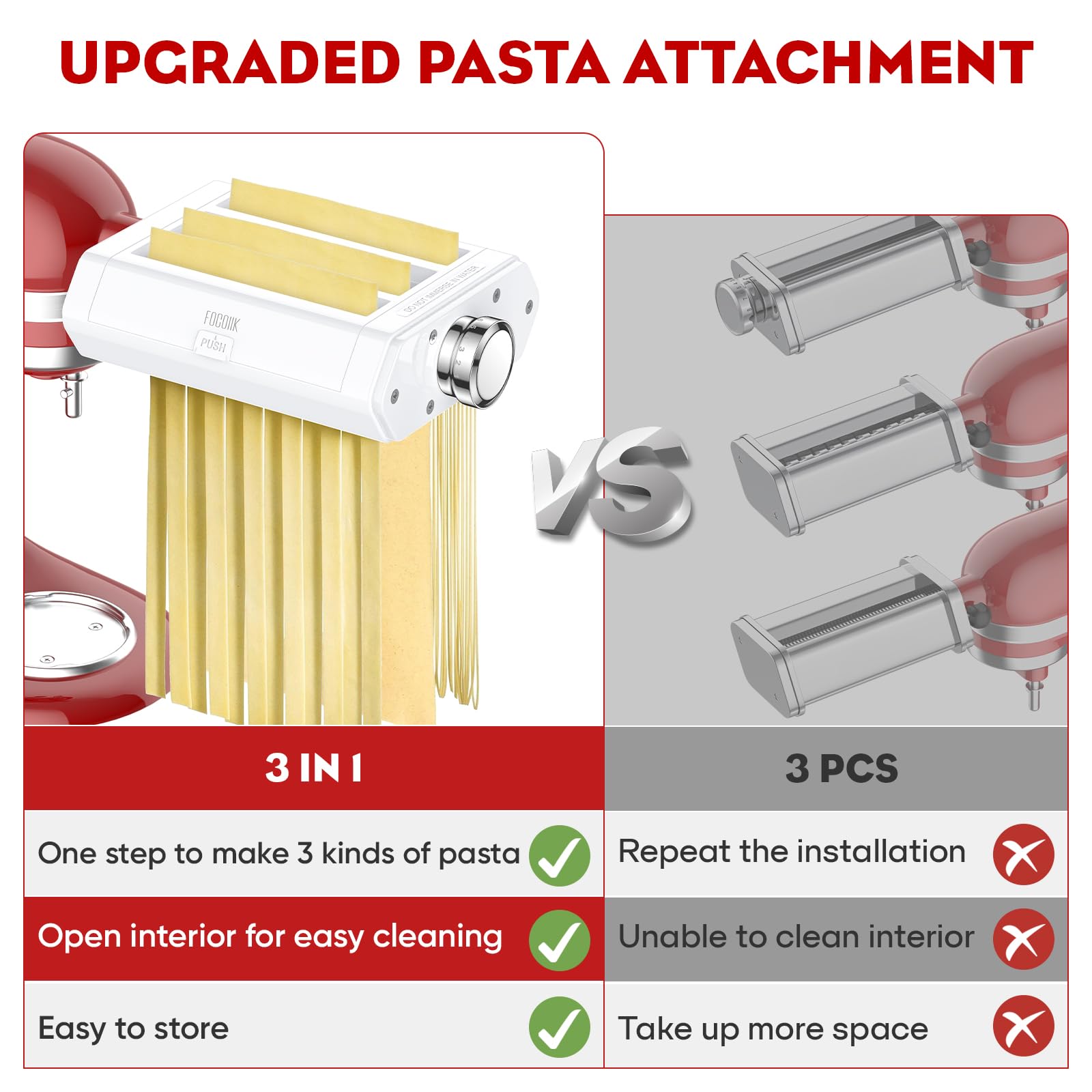 Pasta Attachment For Kitchenaid Stand Mixer, 3 In 1 Set For Kitchenaid Pasta Attachment,Included Pasta Sheet Roller, Fettuccine