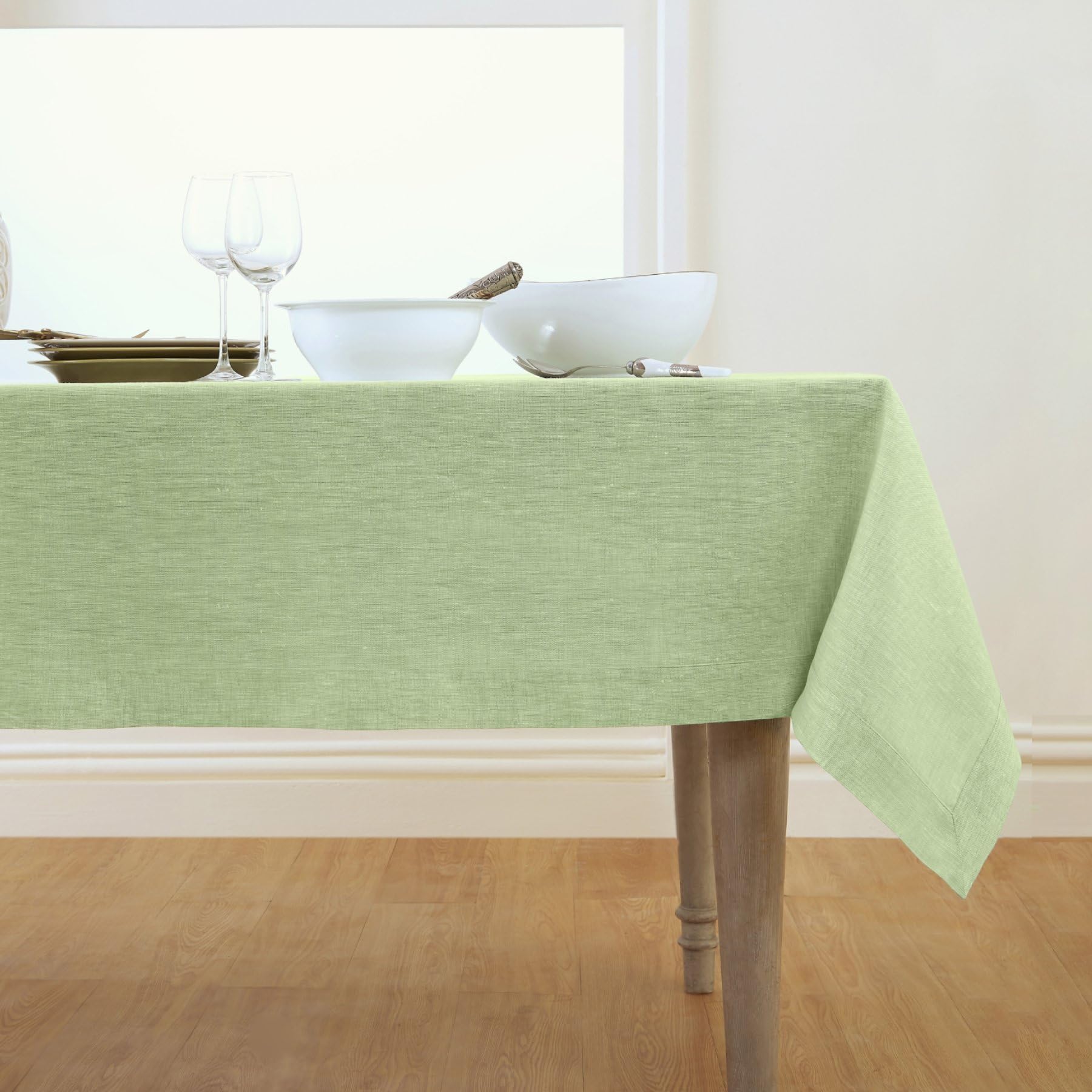 Solino Home Linen Tablecloth 108'' L X 60'' W Inch - 100% Pure Linen Chambray Green Table Cloth For Rectangle Tables - Athena, M