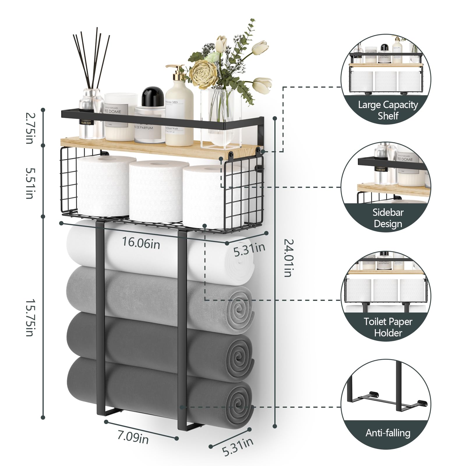Towel Racks For Bathroom, Metal Towel Holder With Storage Basket,Wall Towel Rack For Rolled Towels, Towel Storage For Small Bath