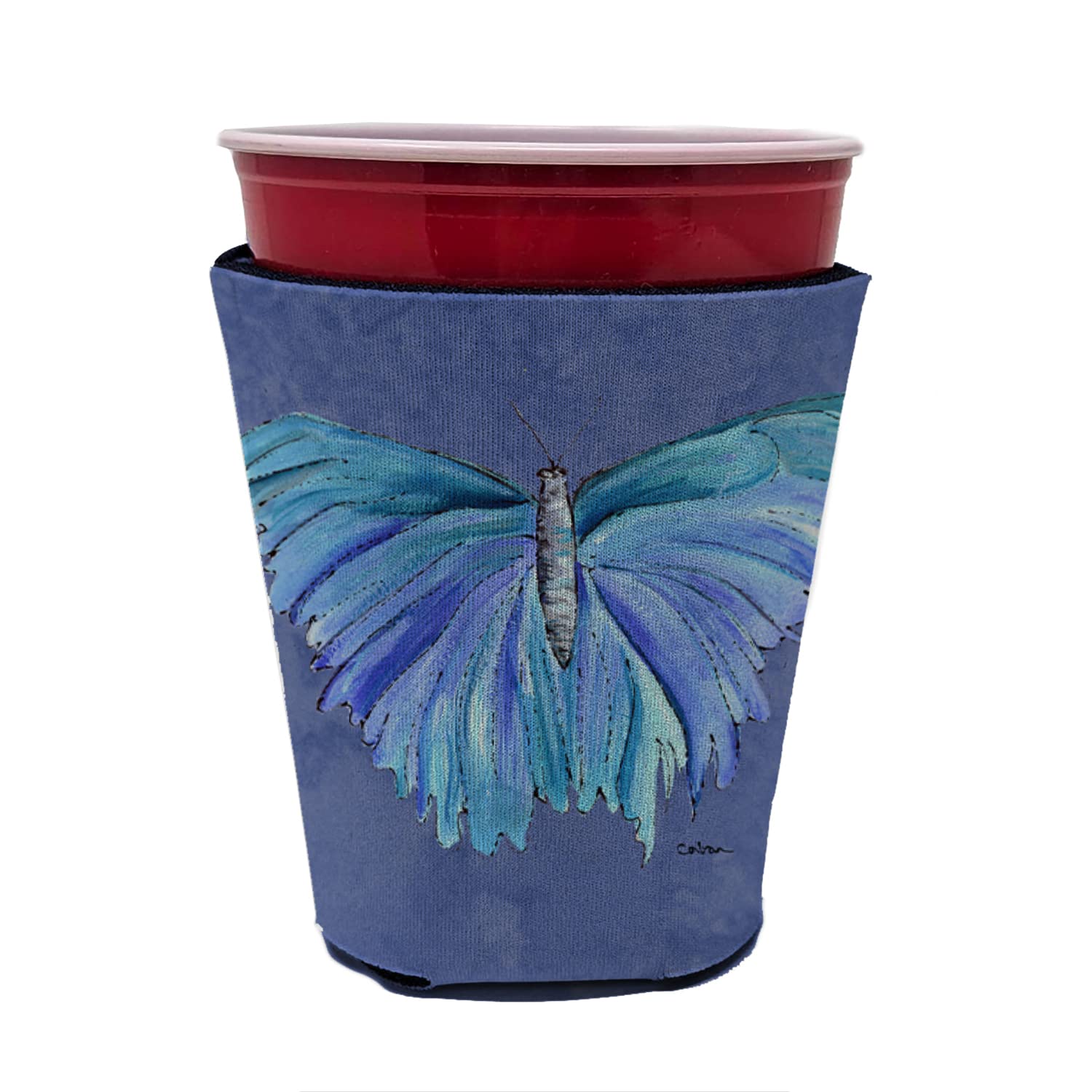 Butterfly on Slate Blue Red Solo Cup Beverage Insulator Hugger