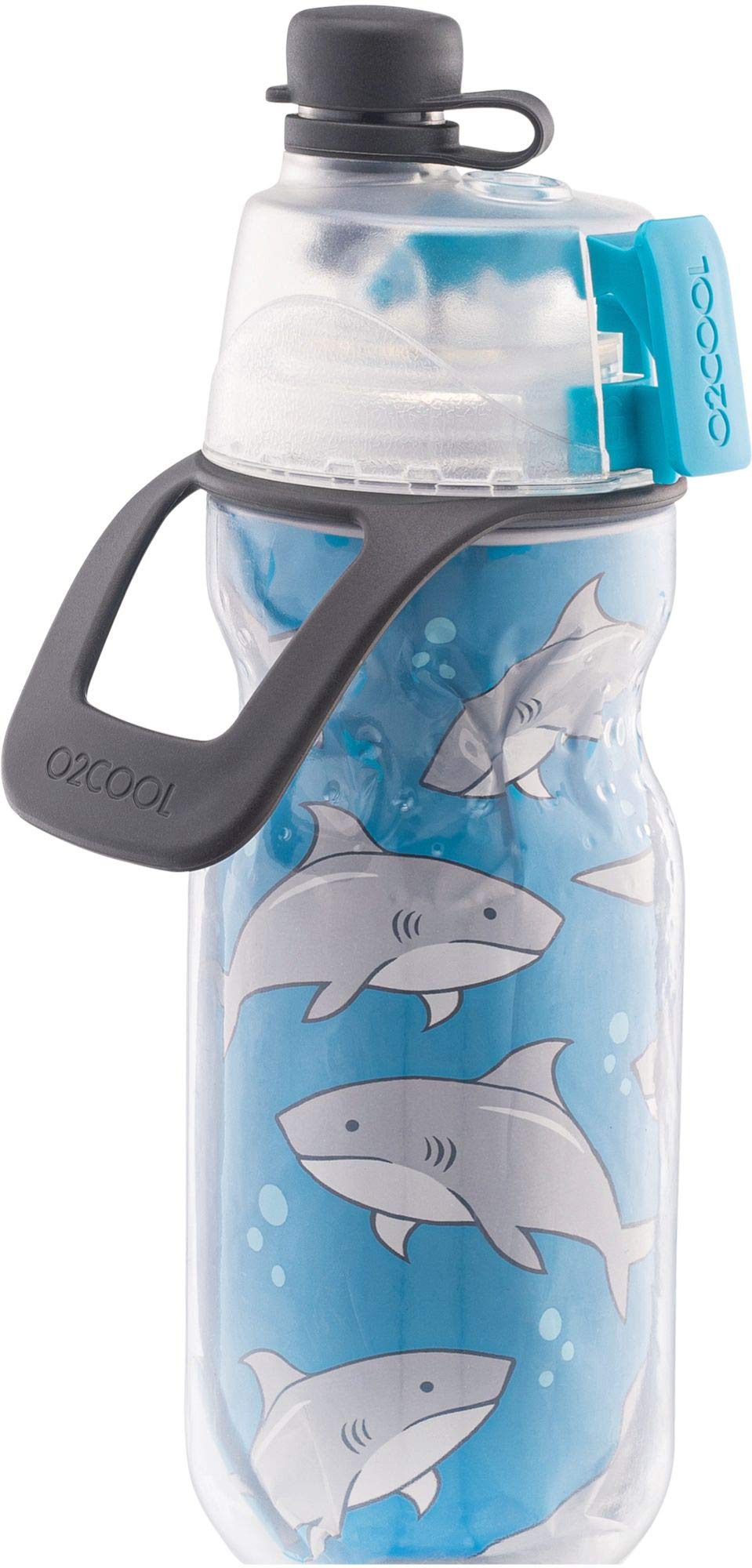 O2COOL Mist N Sip Kids Misting Water Bottle 2in1 Mist And Sip Function With No Leak Pull Top Spout 12oz (Sharks)