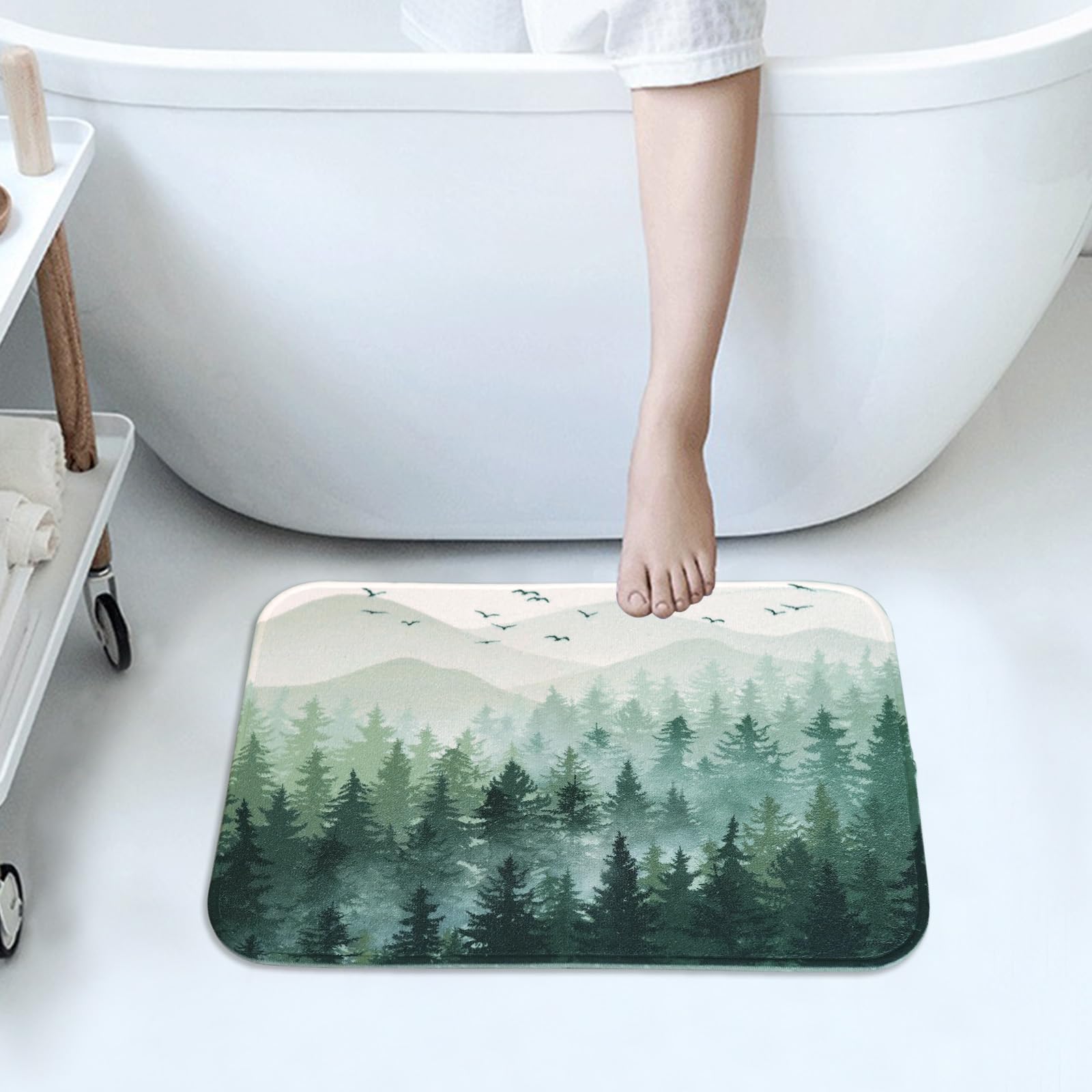 Accnicc Green Misty Forest Bathroom Rugs Mat Nature Tree Mountain Bath Rug Water Absorbent Non Slip Shower Mat Memory Foam Bath