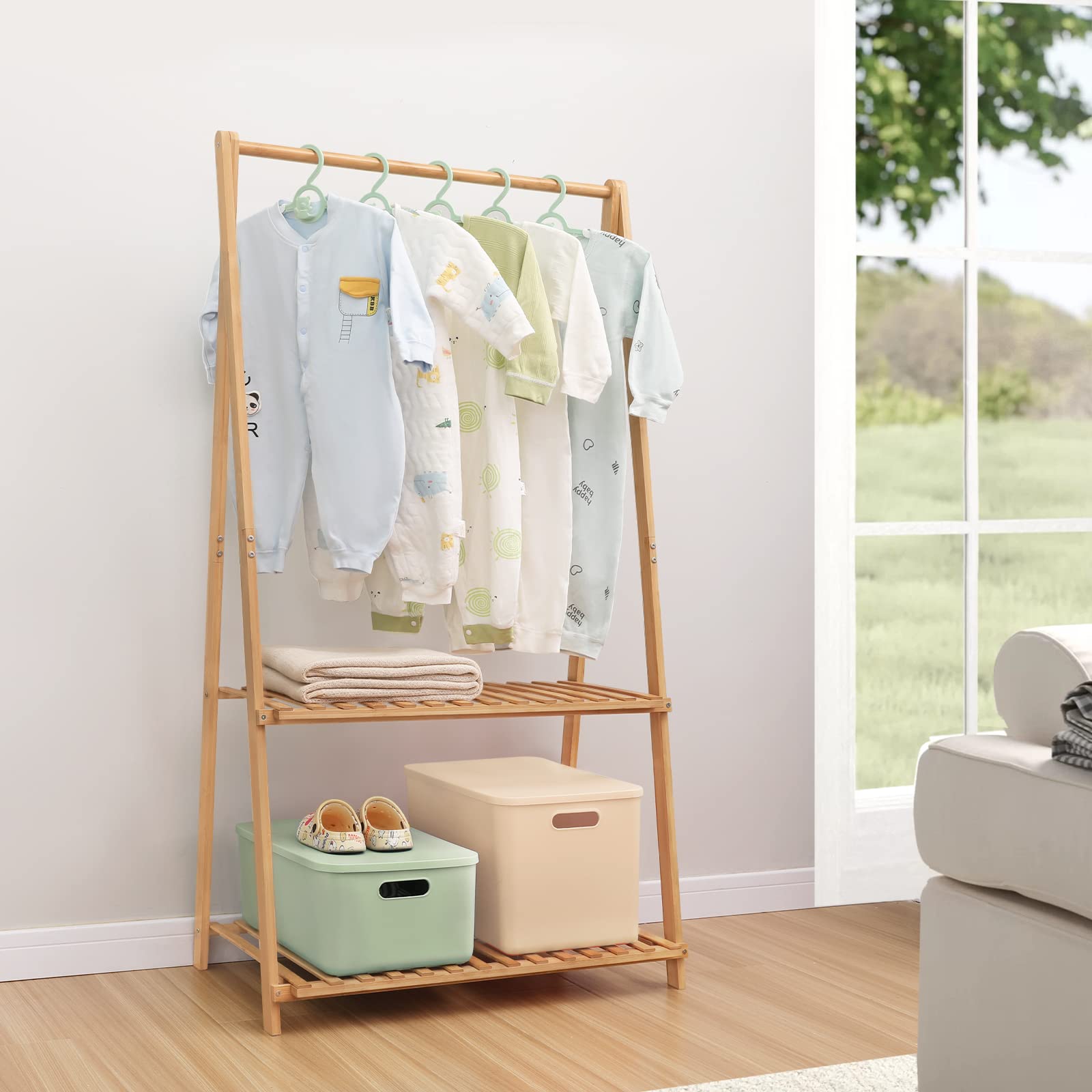 Jotsport Small Clothes Rack Kids Dress Up Storage For Playroom, Toddlers Bedroom, Bamboo Child Garment Rack With 2 Tier Storage