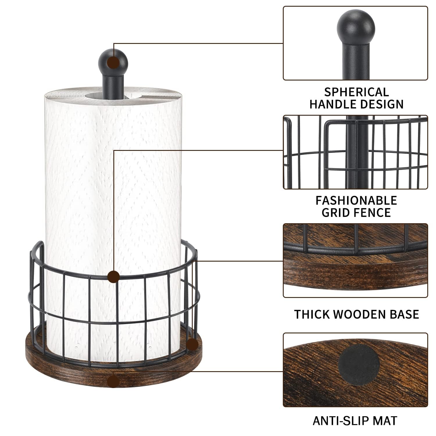 Yinmit Paper Towel Holder Countertop, Standing Paper Towel Roll Holder For Bathroom, Paper Towel Rack With Heavy Duty Wooden Bas