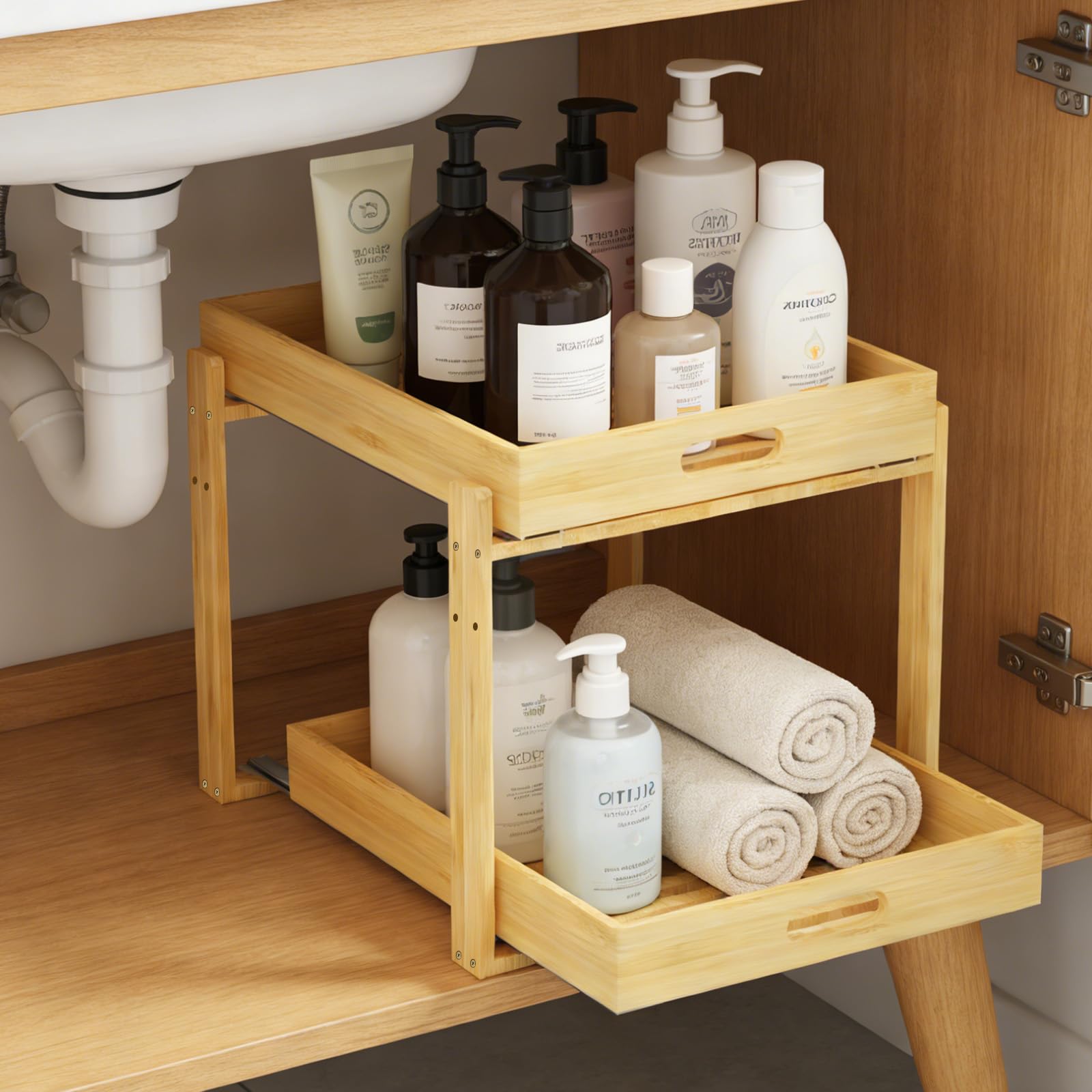 Under Sink Organizer and Storage  2Tier Bamboo Kitchen Cabinet Shelf with Adjustable Levels, Undersink Organization Slide Out 