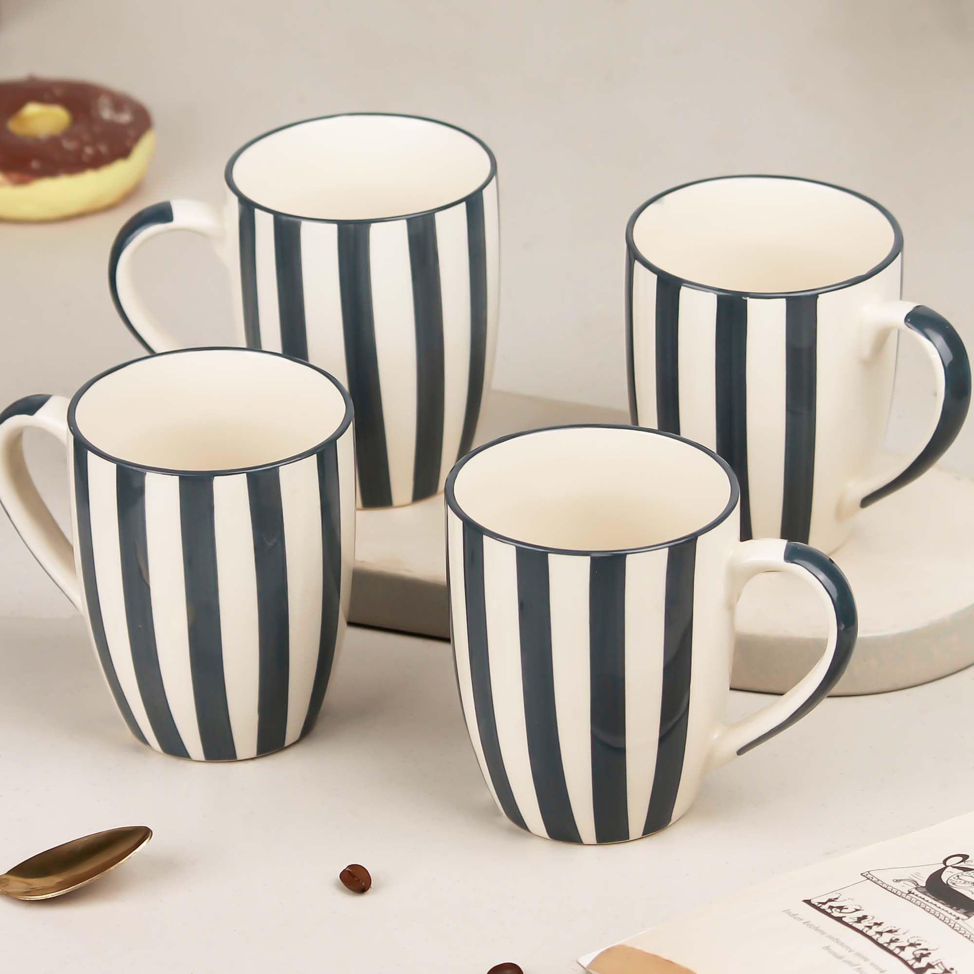 The Earth Store Grey Stripe Coffee Mug - 420Ml Each Capacity, Microwave And Dishwasher Safe, Ceramic Coffee Mug For Every Occasi