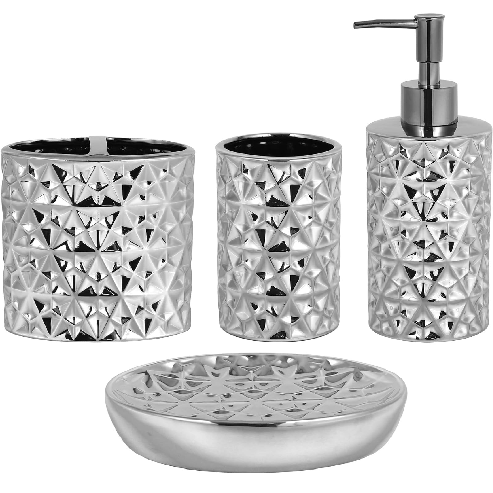 Silver Bathroom Accessories Set, 4 Piece Ceramic Bath Accessory Sets Complete, Diamond Soap Dispenser And Silver Toothbrush Hold