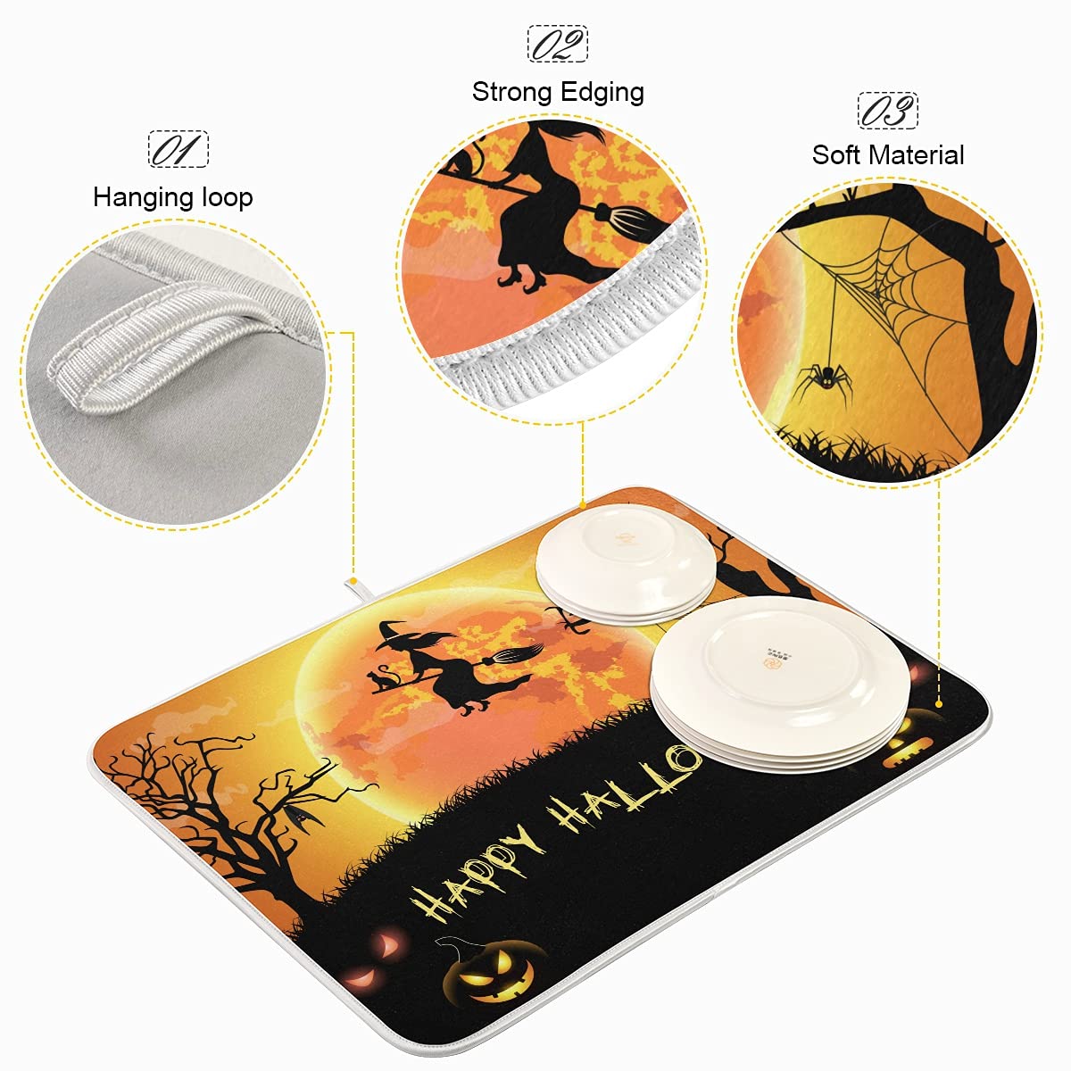 Halloween Witch Spdier Bat Dish Drying Mat 18X24 Absorbent Dishes Pumpkin Scary Night Pad Dish Drainer Mat Protector For Kitchen