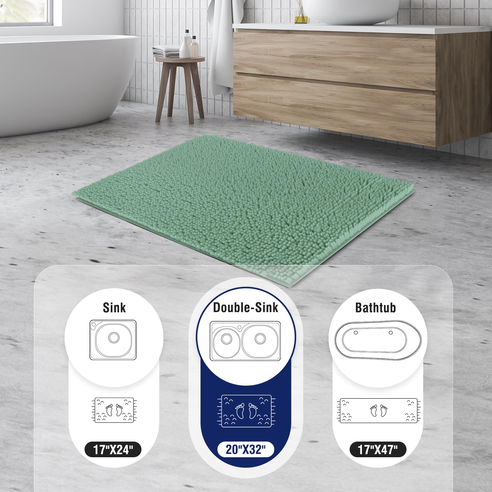 Chenille Soft Plush Bath Rugs for Bathroom  32''x20'' Non-Slip Absorbent Machine Washable Bathroom Fluffy Carpet Mats for Shower Floor and Bathtub - Seaform Green