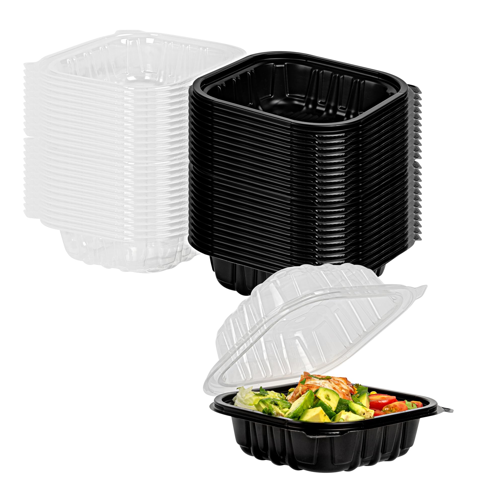 Thermo Tek 16 Ounce Clamshell Containers, 50 Disposable Take Out Boxes - Ventilated Lids, Microwavable, Black Plastic Meal Prep 