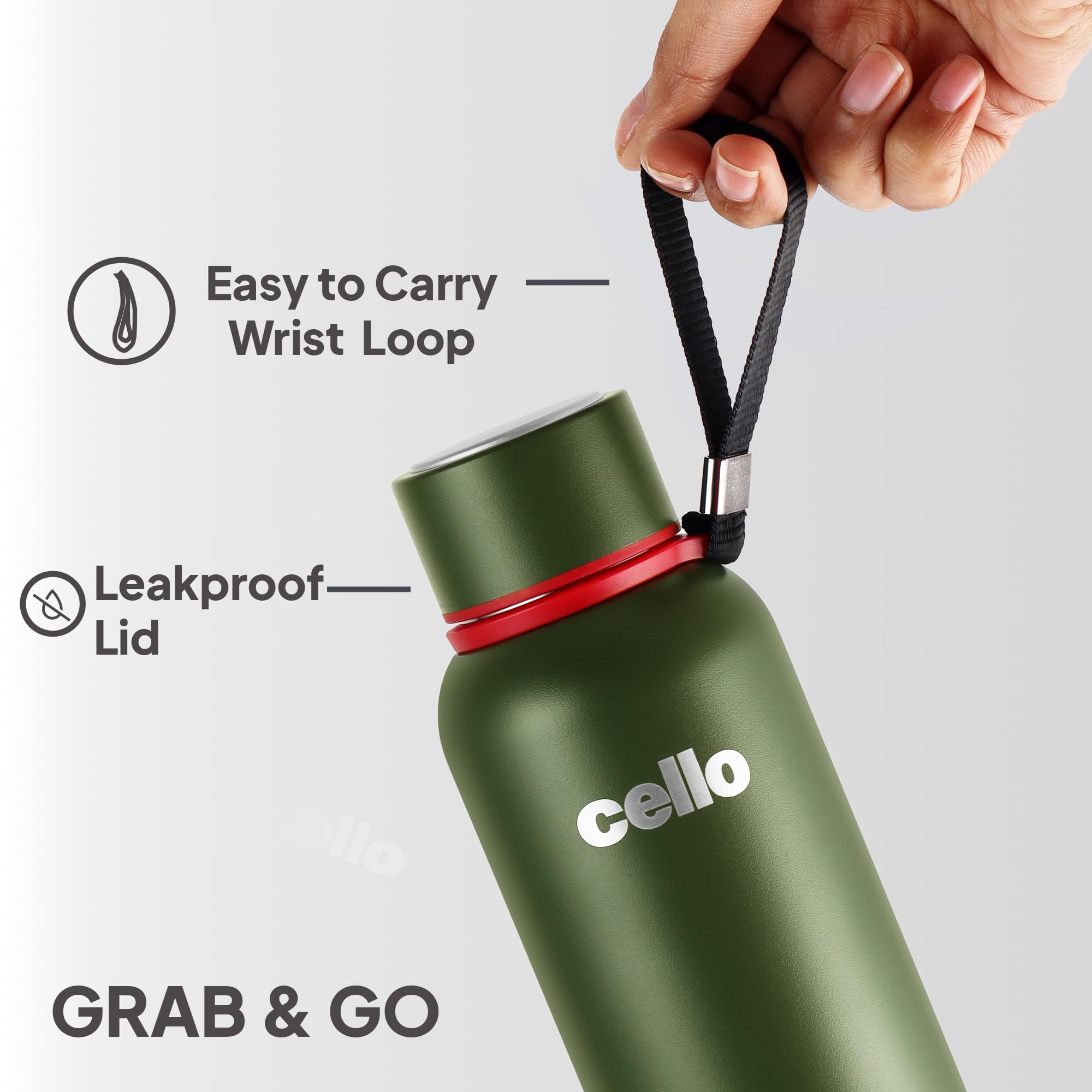 Cello Duro Kent Thermosteel Flask with DTP Coating, 900ml, Military Green | 24 Hours Hot and Cold Stainless Steel Bottle | Flask
