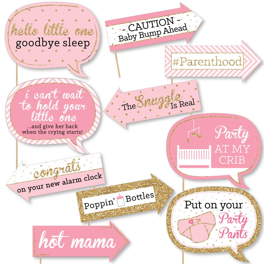Big Dot Of Happiness Funny Pink And Gold - Hello Little One - Girl Baby Shower Photo Booth Props Kit - 10 Piece
