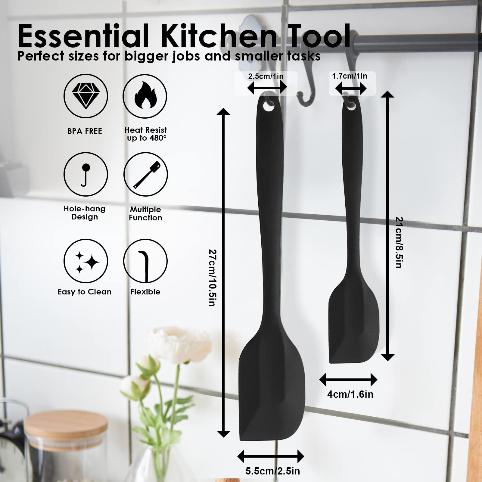 Silicone Spatula Set 2 Pcs Heat Resistant Rubber Spatula For Non-Stick Cookware Bpa Free (Black)