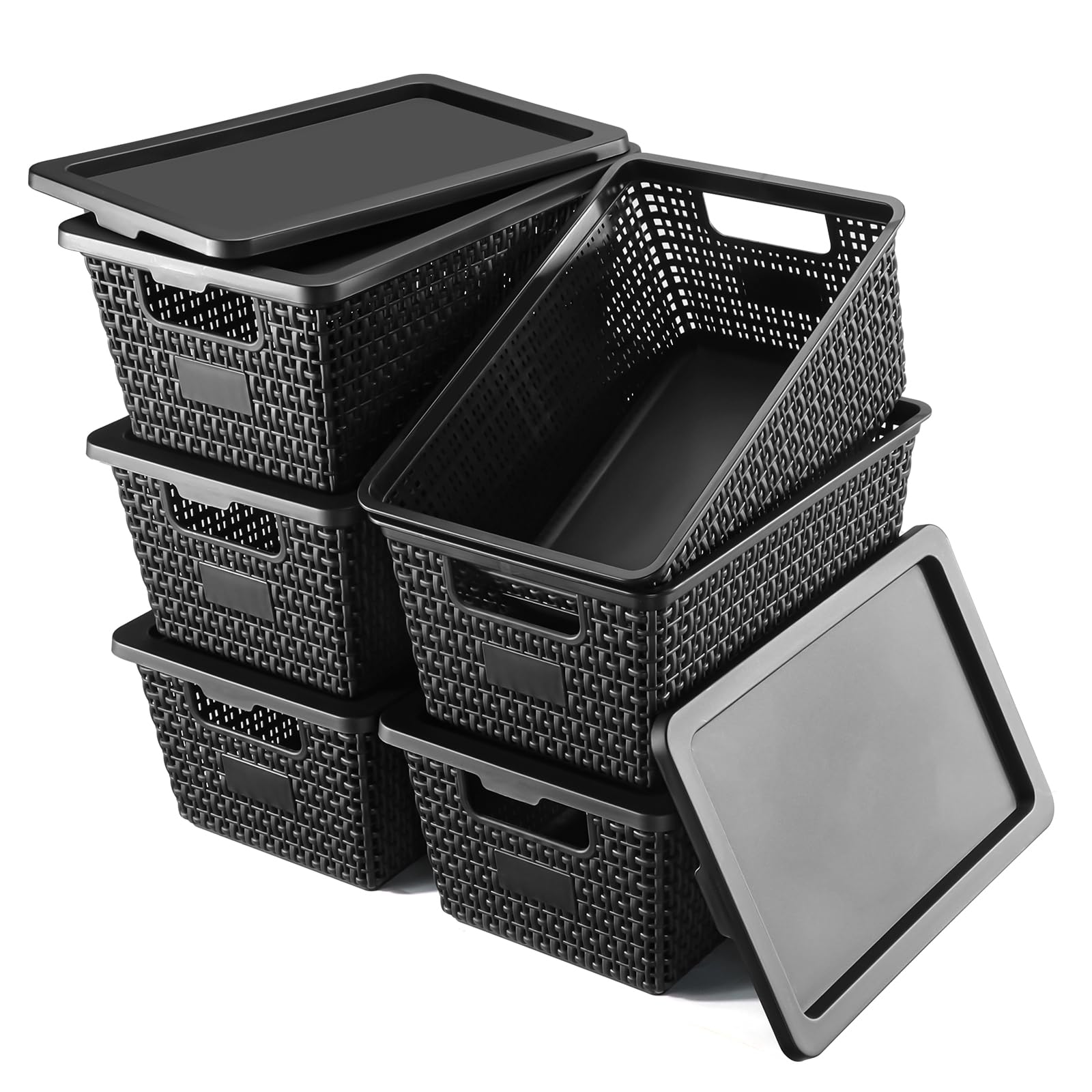 Plastic Storage Baskets with Lids - Stackable Storage Bins with Lids for Pantry, Closet, Bedroom & Shelves | Durable Organizatio