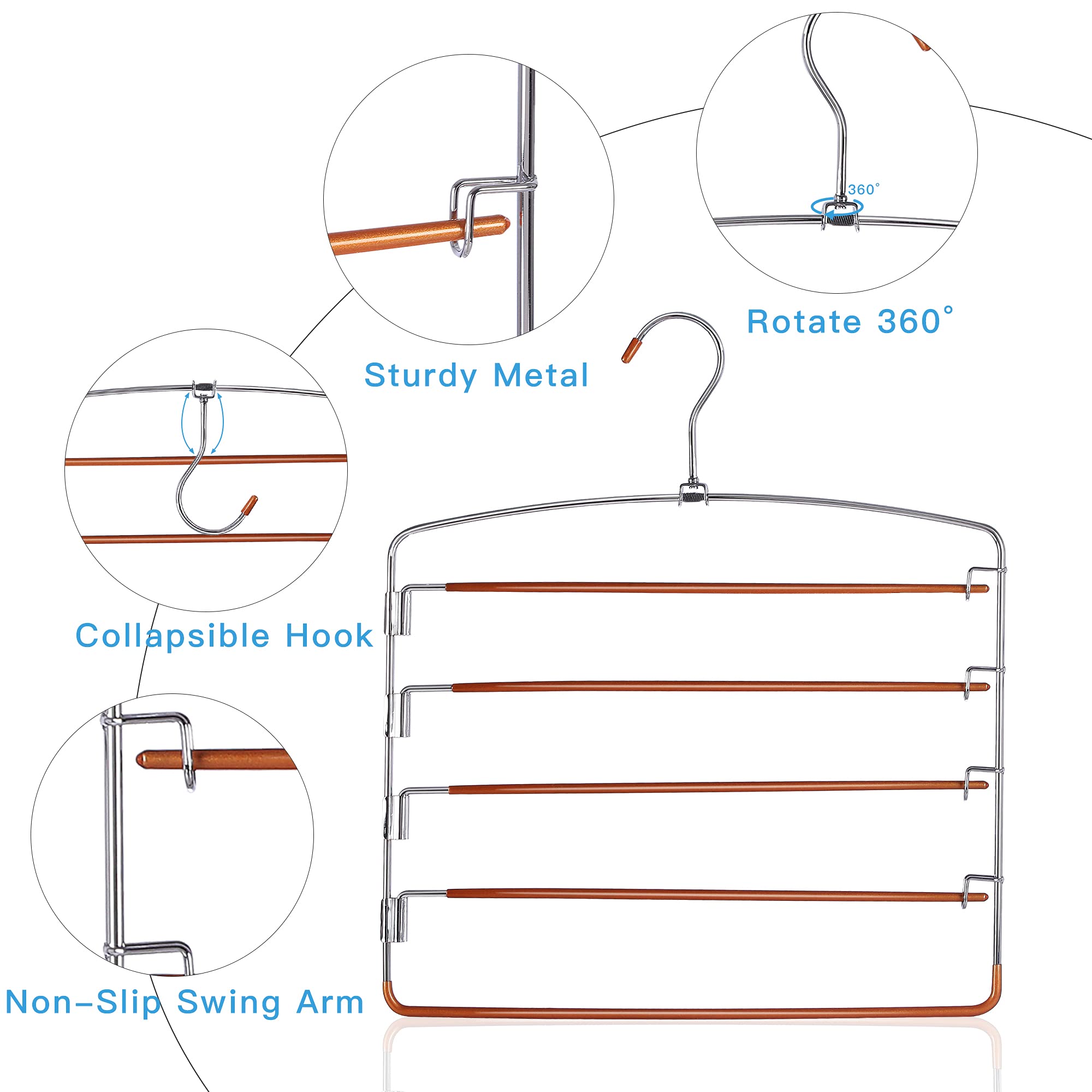 Pants Hangers Non Slip 3 Pack Space Saving Hangers Multi-Layer Swing Arm Pants Hanger Stainless Steel Space Saver Hangers for Pants Jeans Scarf Trouser Tie Towel Clothes (Gold)