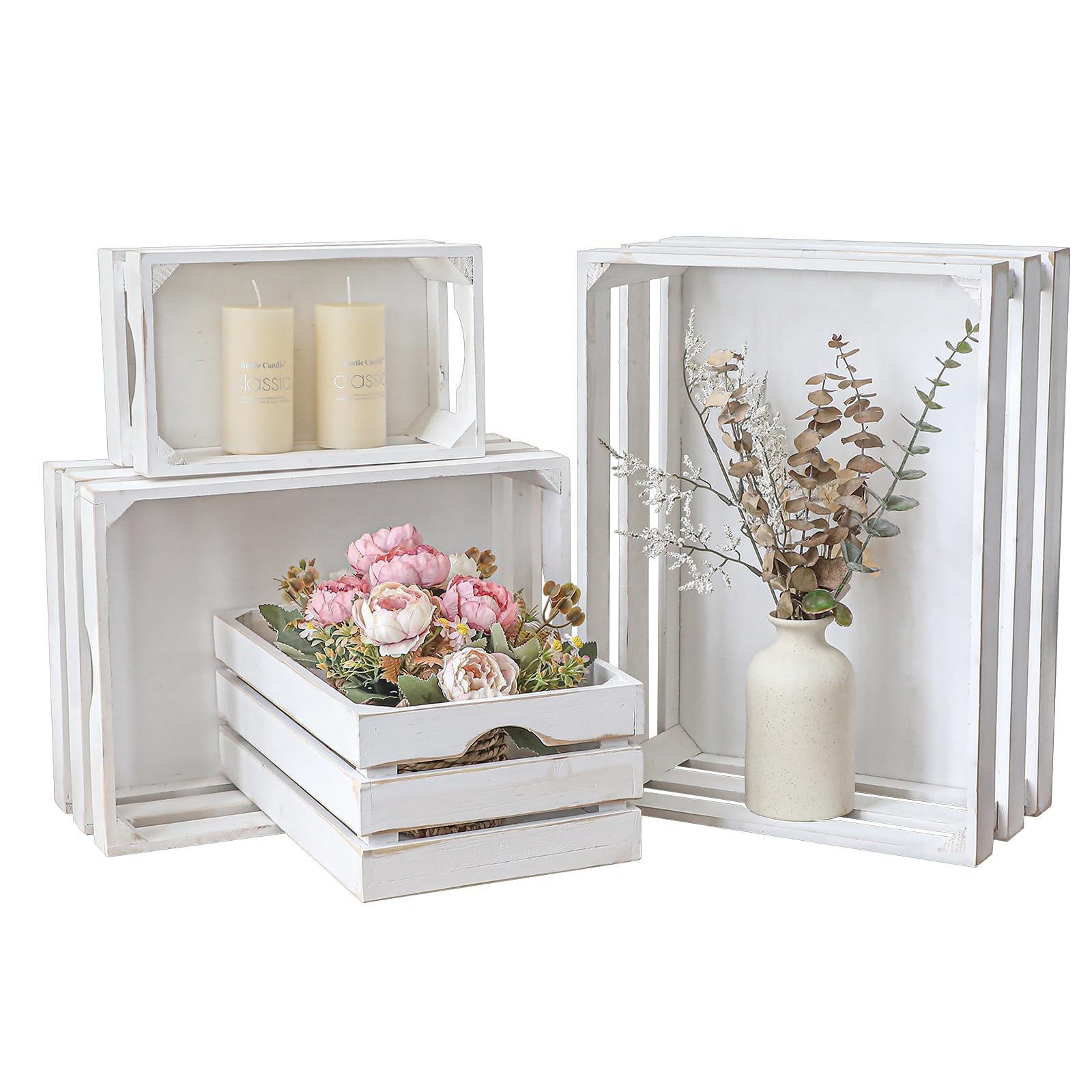 JUMBO HUMBLE Set of 4 Large Wooden Decorative Storage Crates, Whitewashed Nesting Wooden Crates for Display Rustic, Farmhouse Wo