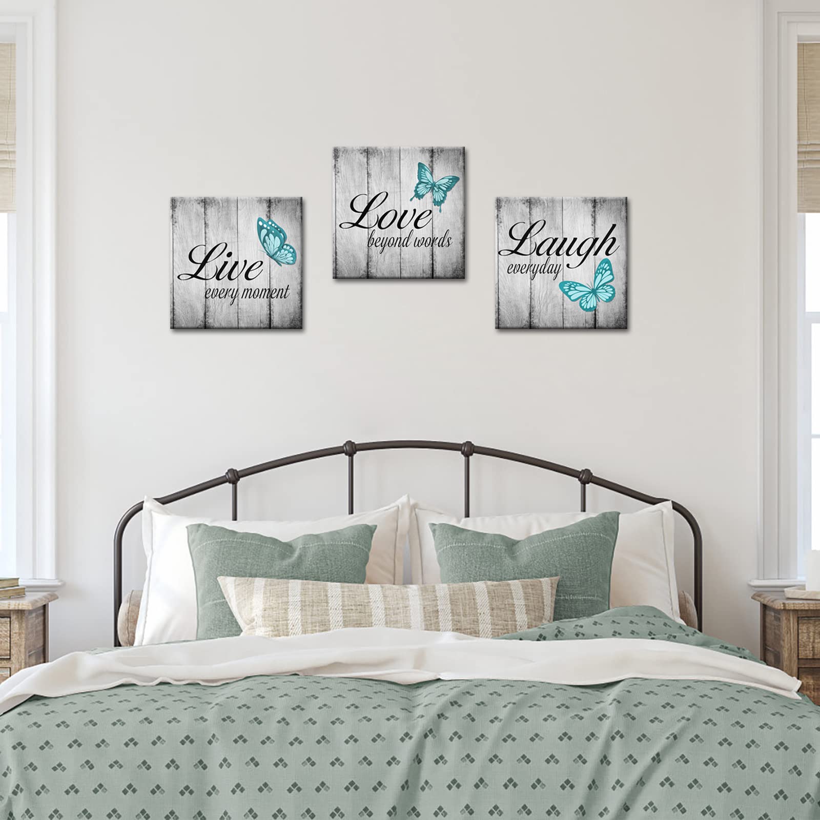 Conipit Teal Butterfly Canvas Wall Art Live Love Laugh Art Teal And Grey Pictures Wall Decor Inspirational Painting For Modern H