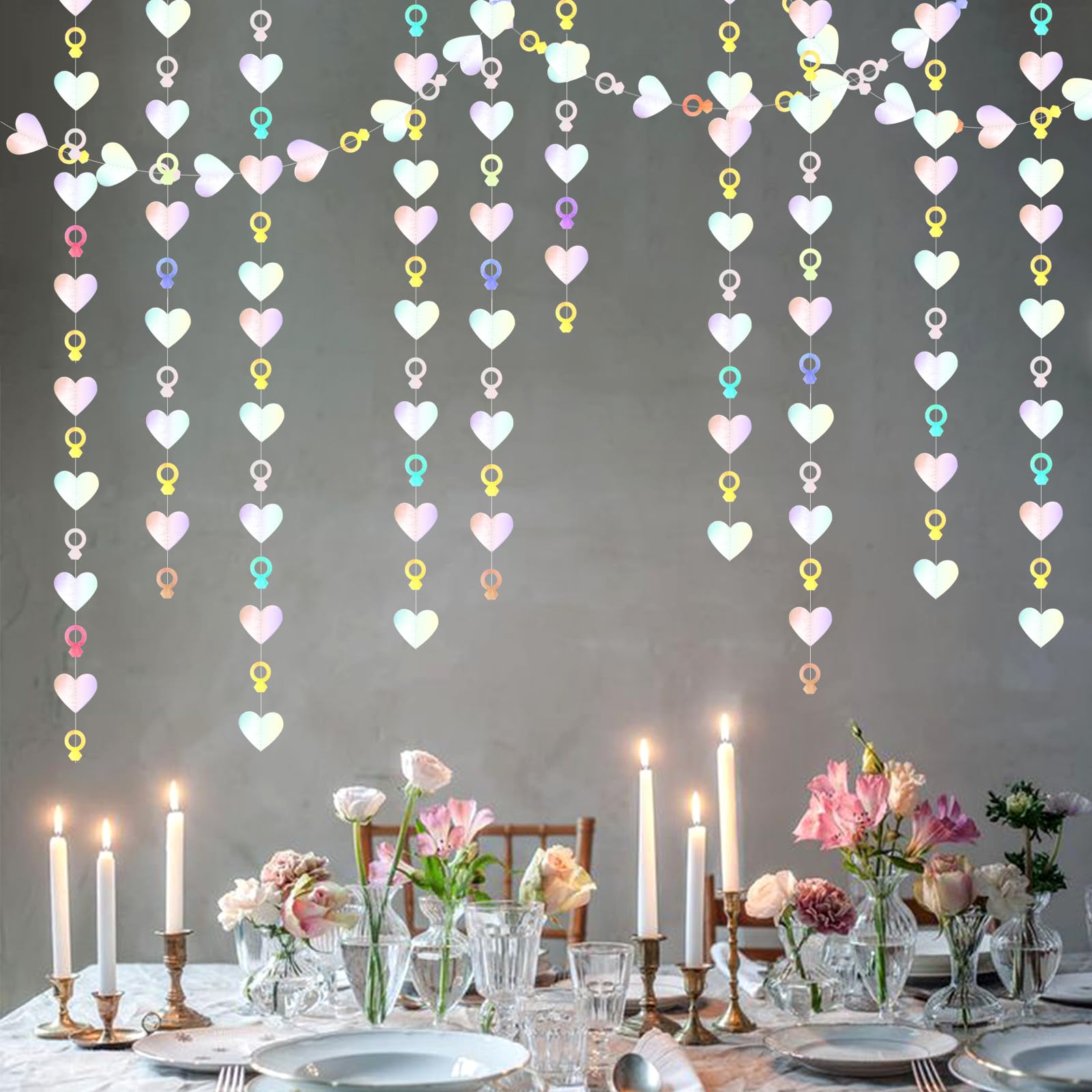 Engagement Bachelorette Party-Decorations Iridescent Heart-Ring Garland - 52Ft Holographic Disco Wedding Paper Streamers Banner,