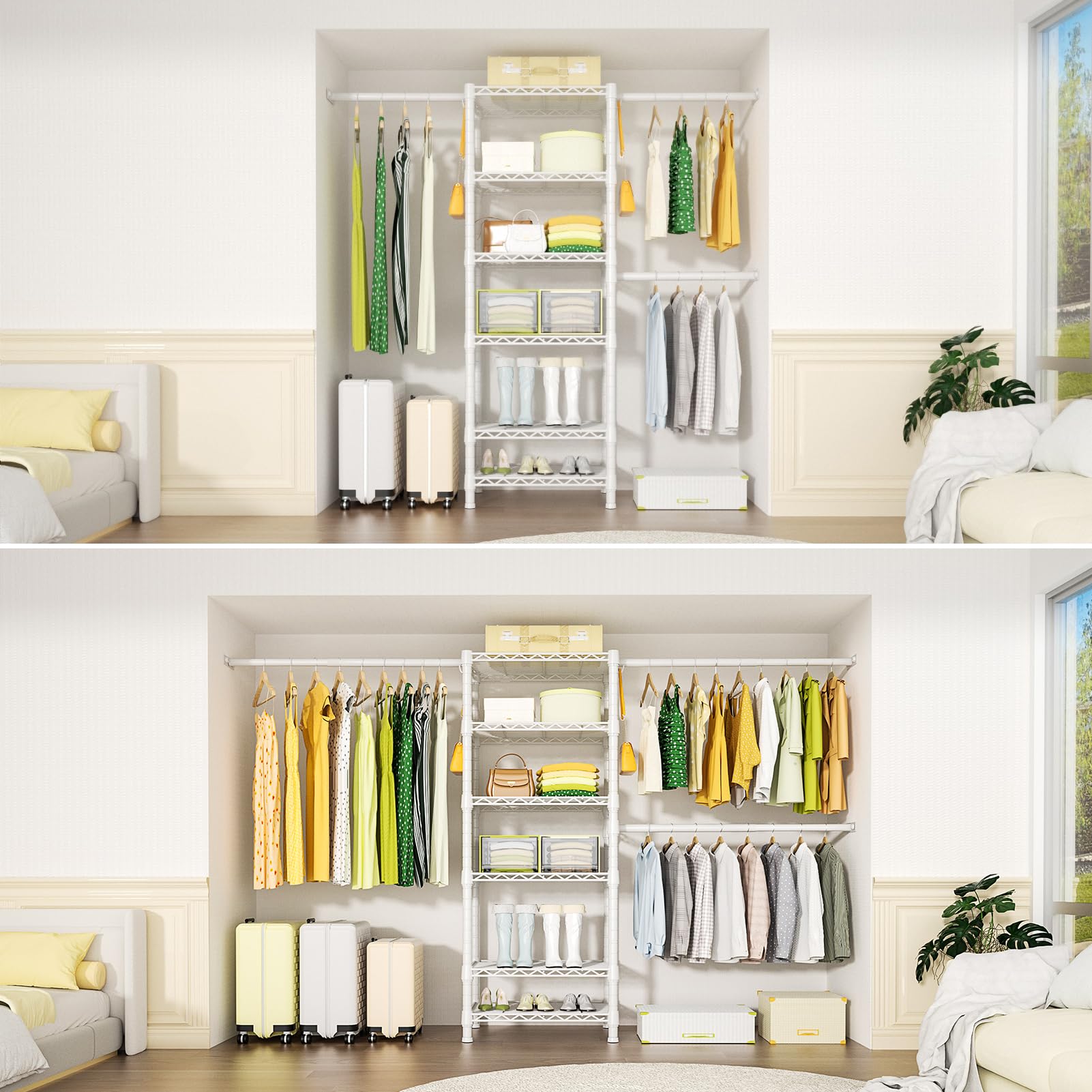 Ulif M5 Wall Mounted Clothes Garment Rack, Heavy Duty Closet Storage And Organizer With 6 Shelves And 3 Expandable Hanger Rods,