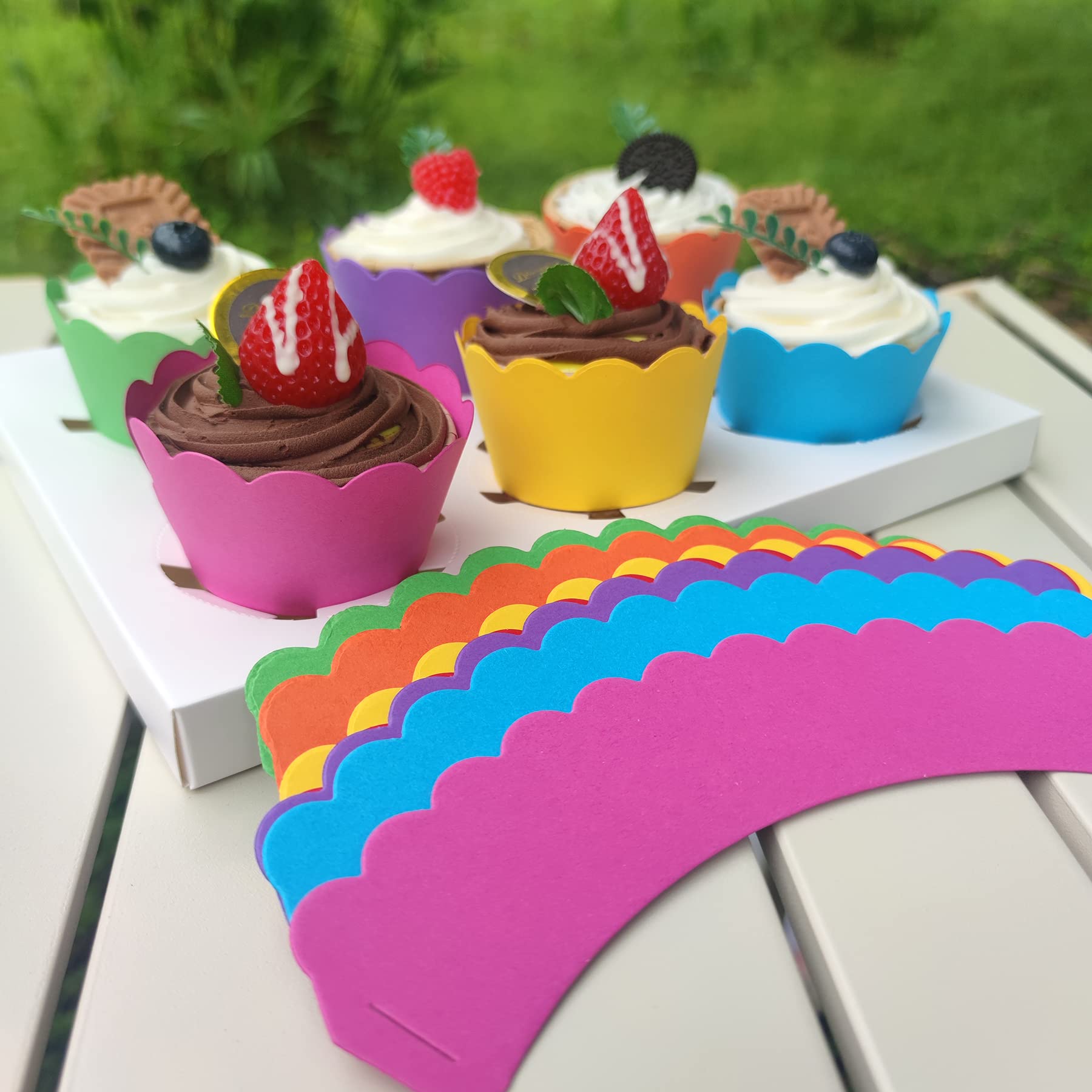Mybbshower 36 Count- Solid Bright Colors Scalloped Cupcake Wrappers For Anniversary Birthday Party Table Decoration